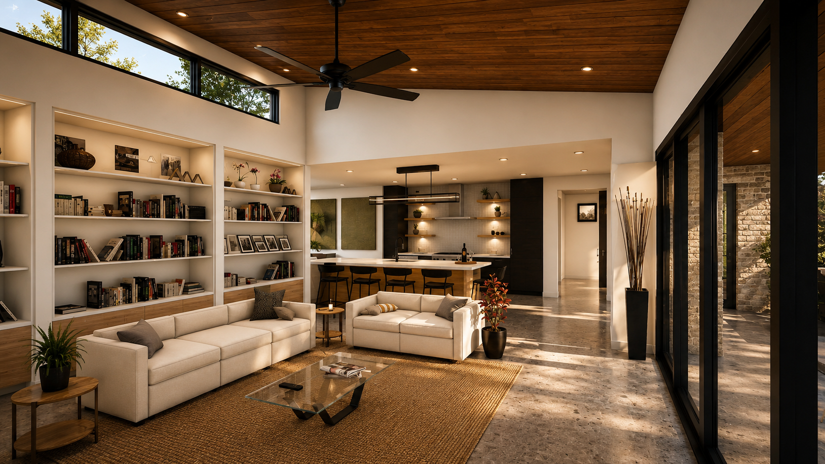 Vaulted living space at Hill Country Modern Residence with clerestory windows, wood ceiling, polished concrete floor, and natural light.