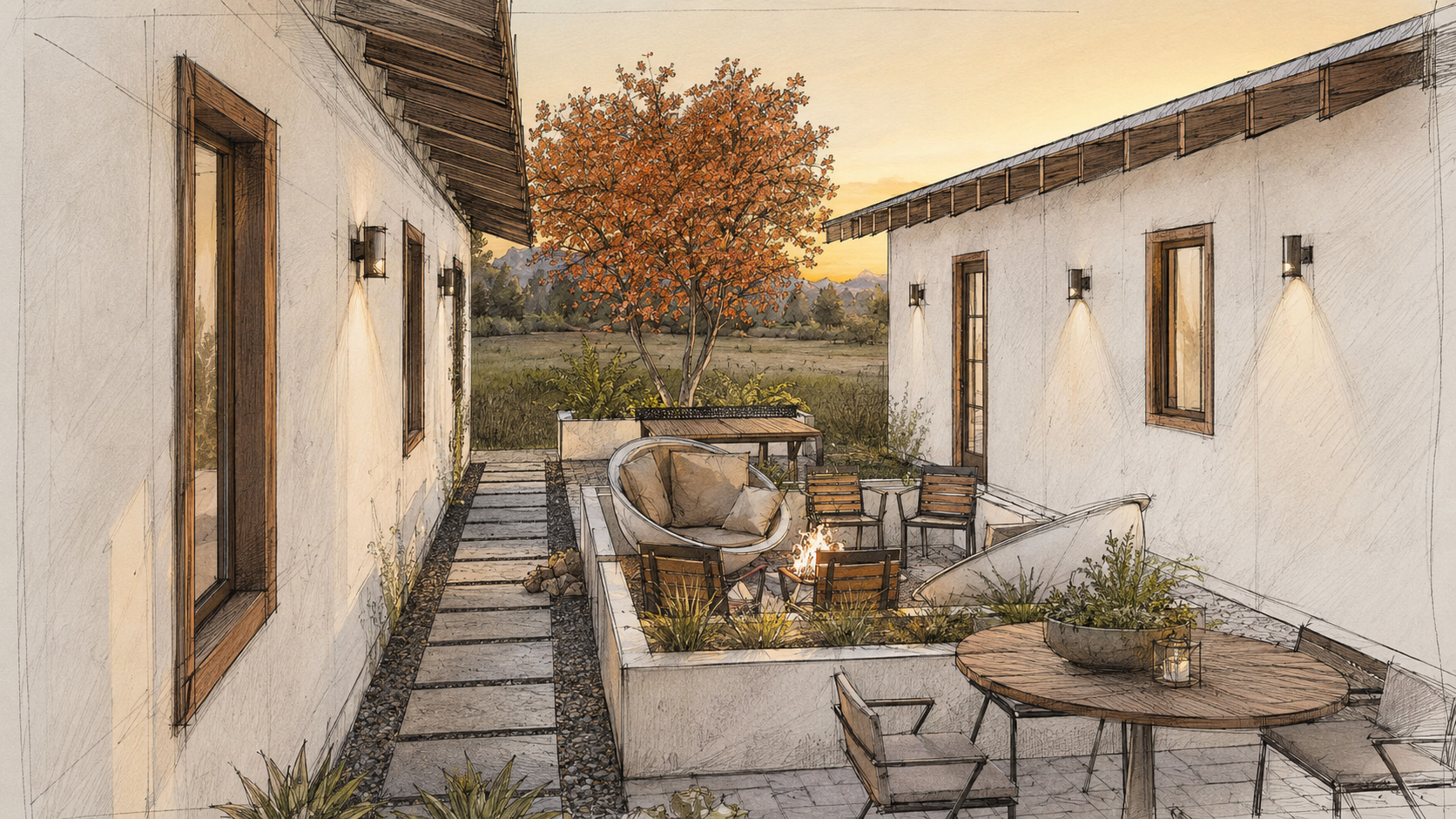 Courtyard view of Off-Grid Family Home, a custom home designed for climate, craft, and durable Colorado mountain living.