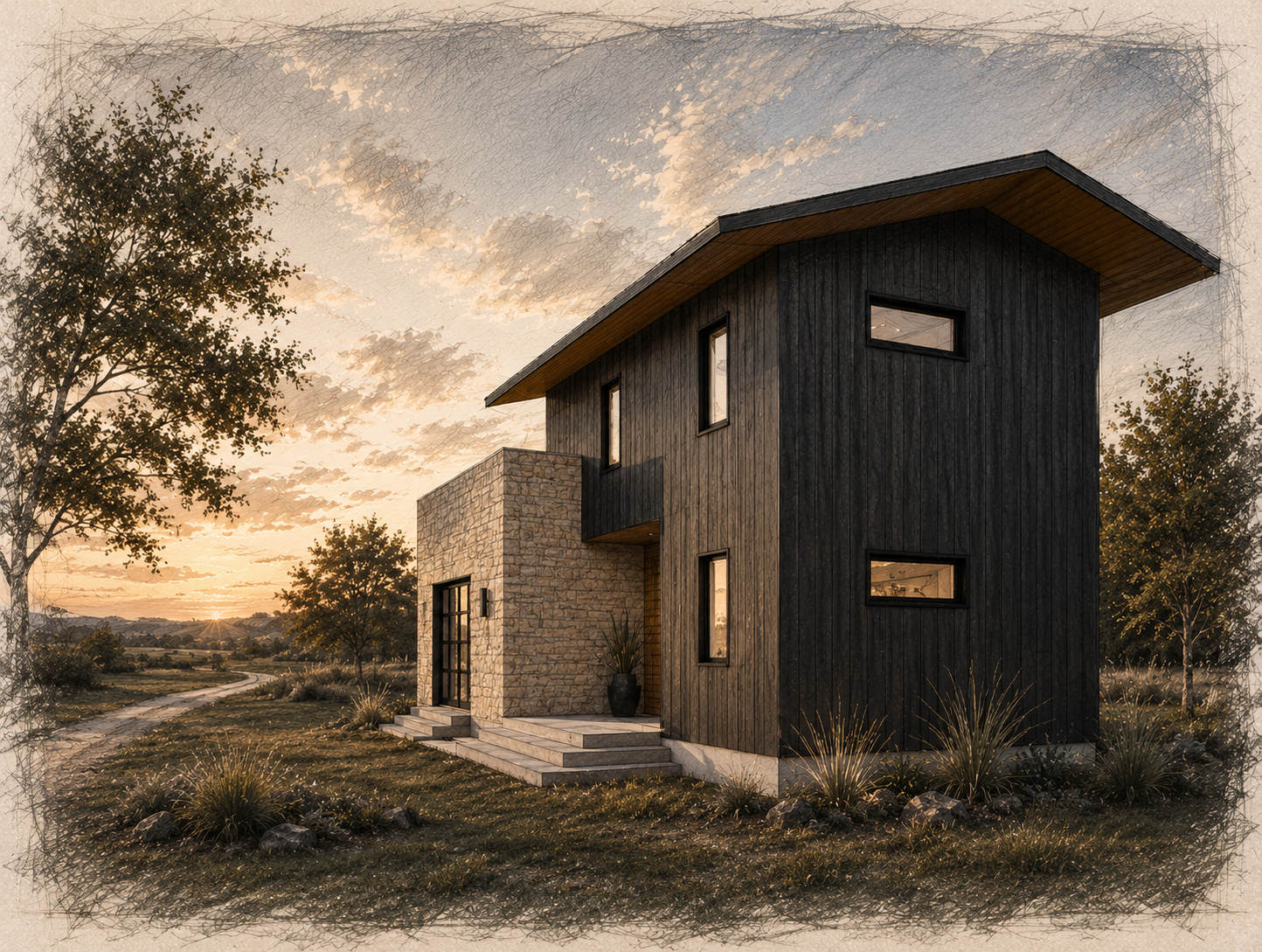 Gold’s Road Compound in Wimberley, Texas shown as previous professional work by Garrett Burleson with Chagnon Architecture and Chagnon Design-Build, featuring four single-family residences.