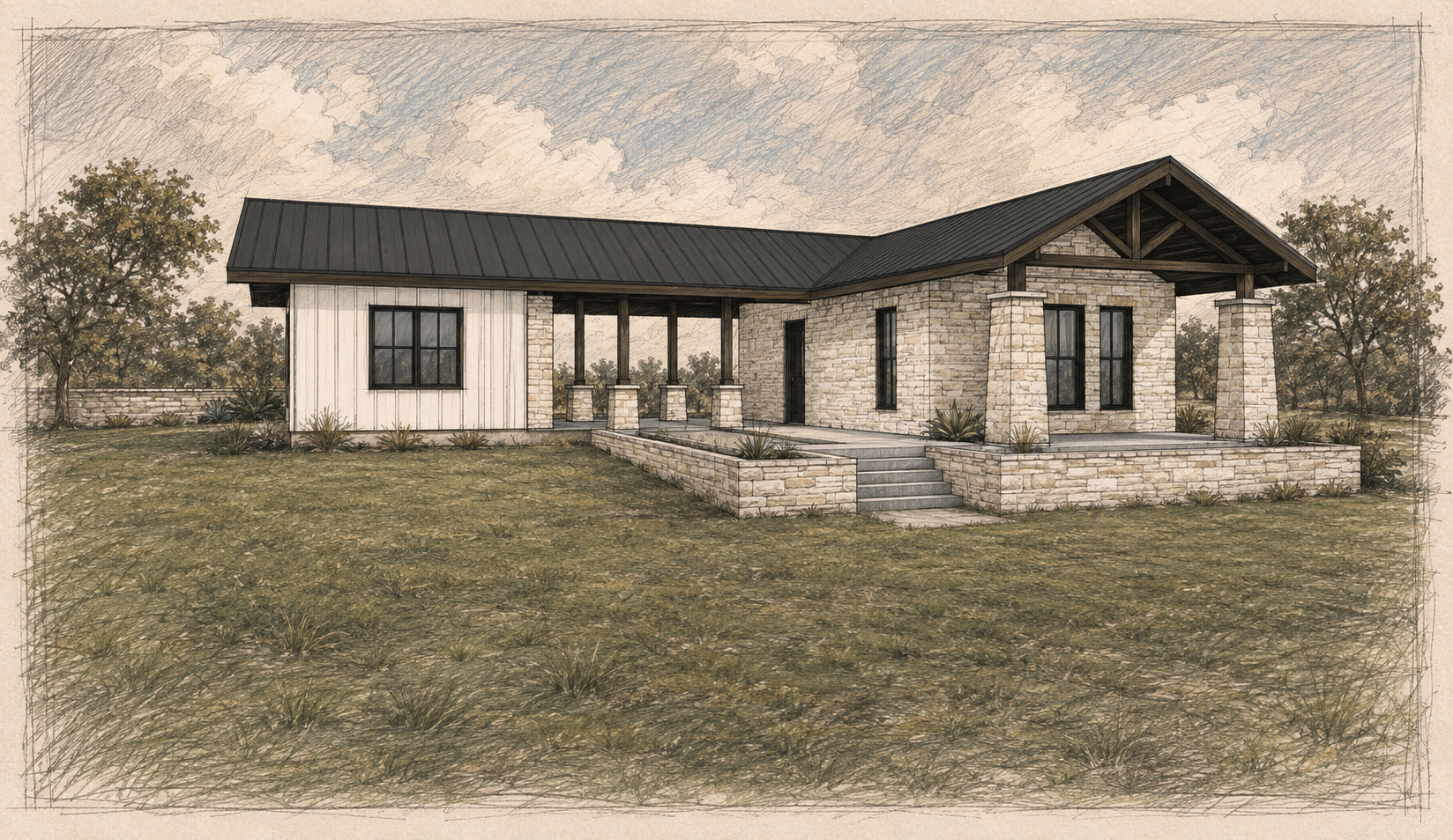 Heavy timber office building in La Grange, Texas by Burleson Architecture, designed as a new-construction workspace with exposed timber structure and ranch property context.