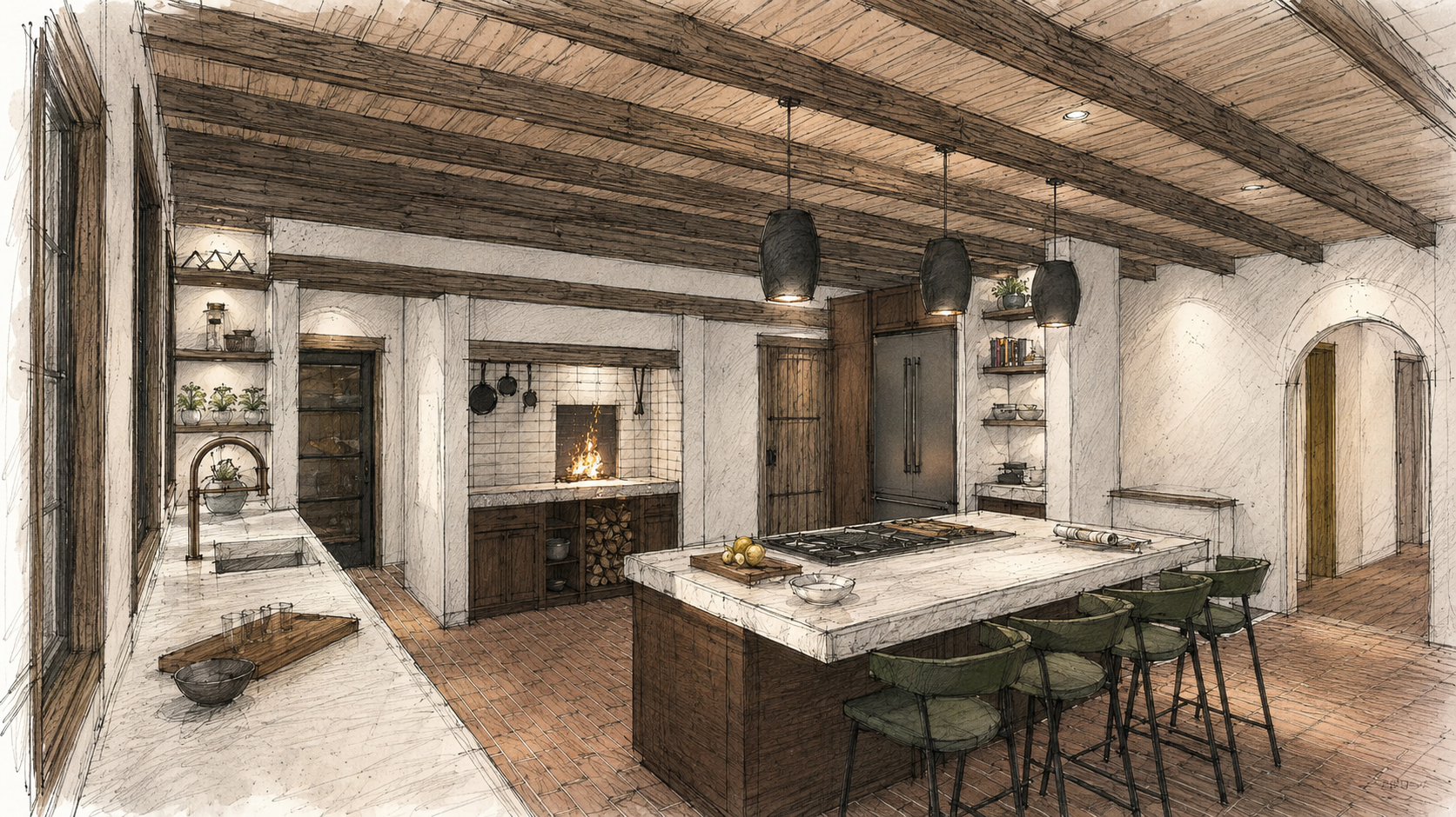 Kitchen at Off-Grid Family Home with terracotta tile, plaster walls, wood cabinetry, and cooking fireplace with custom ventilation.