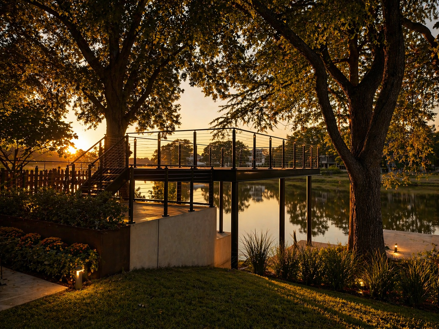 Upper viewing deck at Lake McQueeney boathouse with cable railing, integrated lighting, mature cypress trees, and lake views.