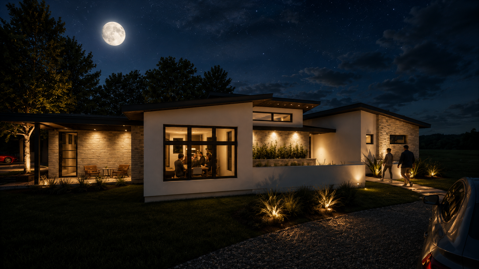Evening exterior rendering of the Hill Country Modern Residence in Waco, Texas, showing warm interior lighting, stone and stucco walls, wood soffits, outdoor living areas, pool connection, and a quiet modern residential presence.