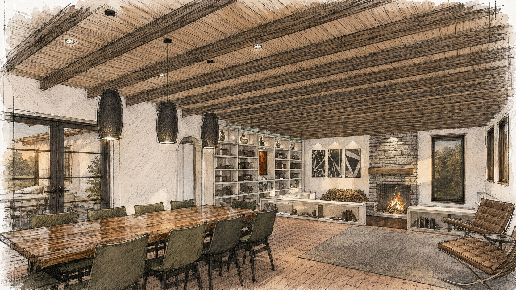 Living room at Off-Grid Family Home with exposed ceiling joists, Rumford fireplace, built-in seating, and mountain-region interior materials.