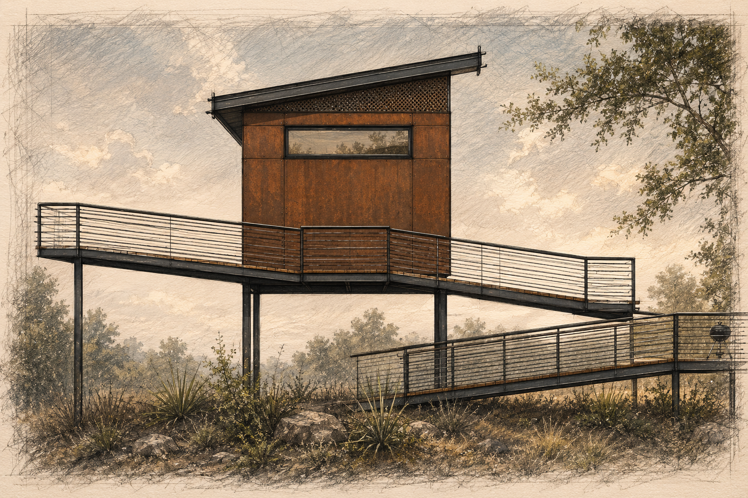Bird viewing observatory in La Grange, Texas by Burleson Architecture, designed as a small new-construction structure for wildlife viewing, landscape connection, and quiet retreat.