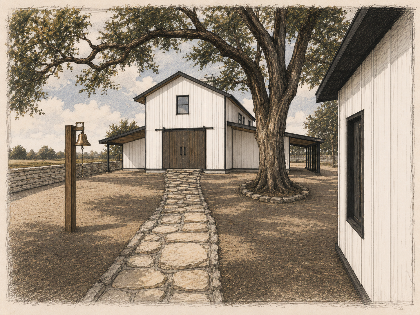 Heavy timber party barn in La Grange, Texas by Burleson Architecture, designed as a new-construction gathering space with durable materials, open structure, and ranch property setting.