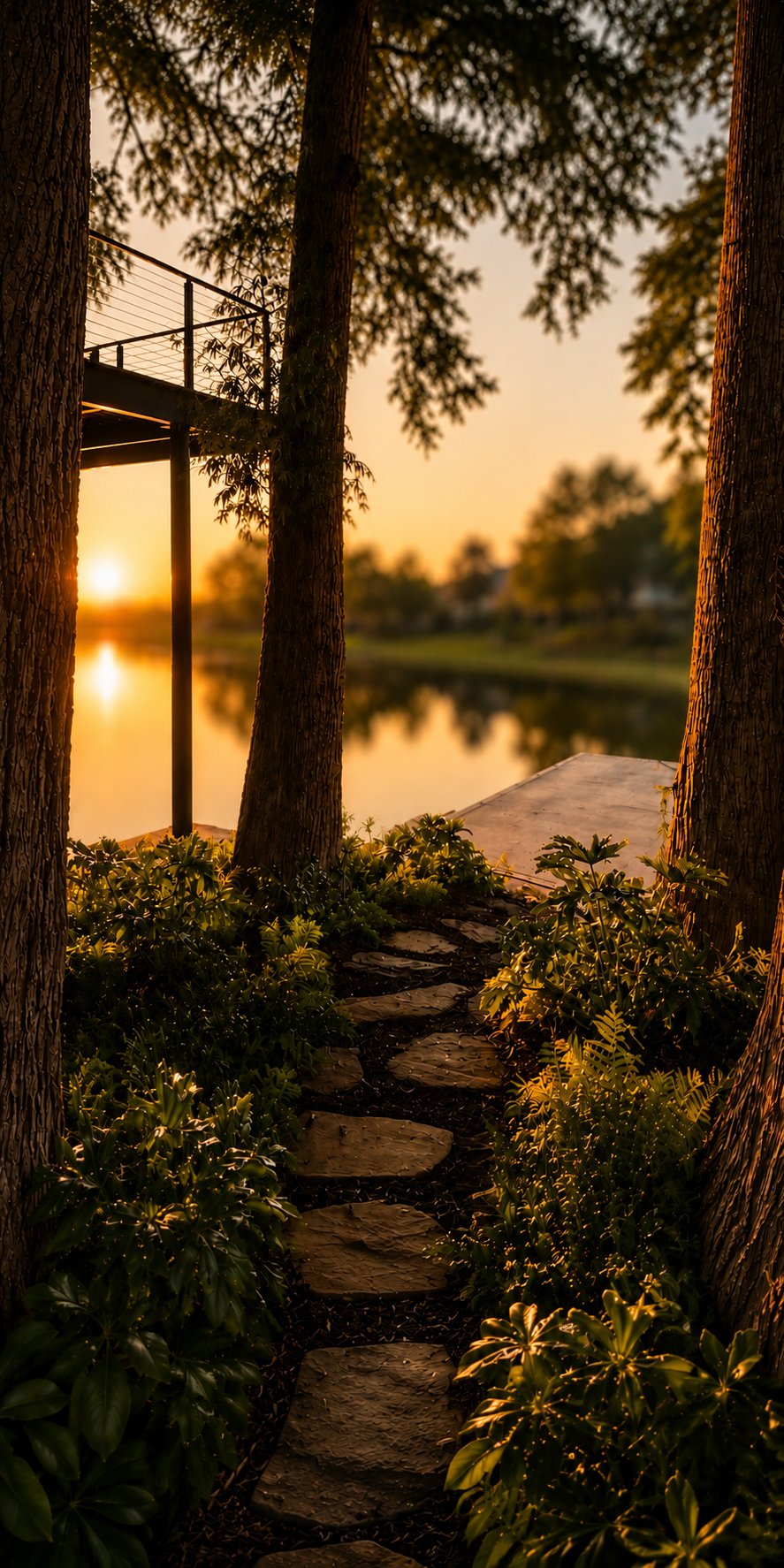 Stone walkway through a Lake McQueeney waterfront landscape leading to a steel and concrete boathouse with integrated path lighting.