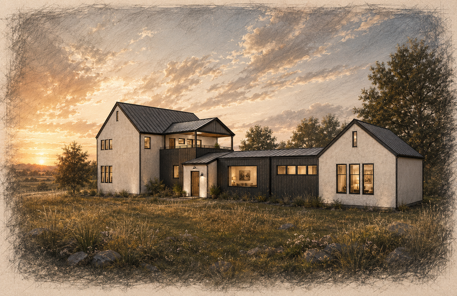 New single-family residence in Kerrville, Texas by Burleson Architecture with architectural rendering by Garrett Burleson and construction by DW Construction.