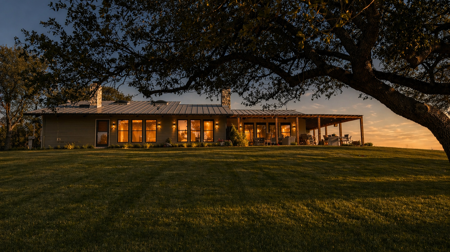 Texas Hill Country residential architecture by Burleson Architecture, showing a renovated ranch house with metal roof, porch, live oak tree, and sunset light.