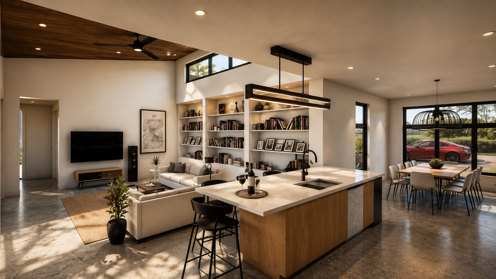 Kitchen rendering of the Hill Country Modern Residence showing wood cabinetry, polished concrete floors, vaulted living space, clerestory windows, natural light, and a visual connection toward the outdoor living area.
