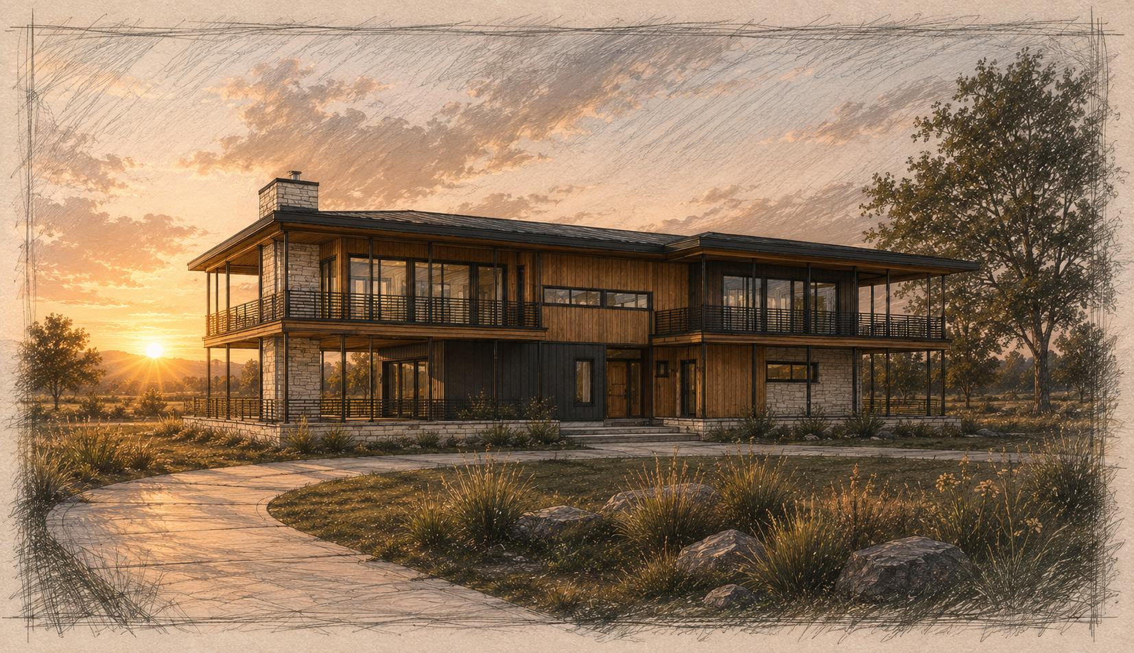 Modern single-family residence in Wimberley, Texas shown as previous professional work by Garrett Burleson with Chagnon Architecture and Chagnon Design-Build.