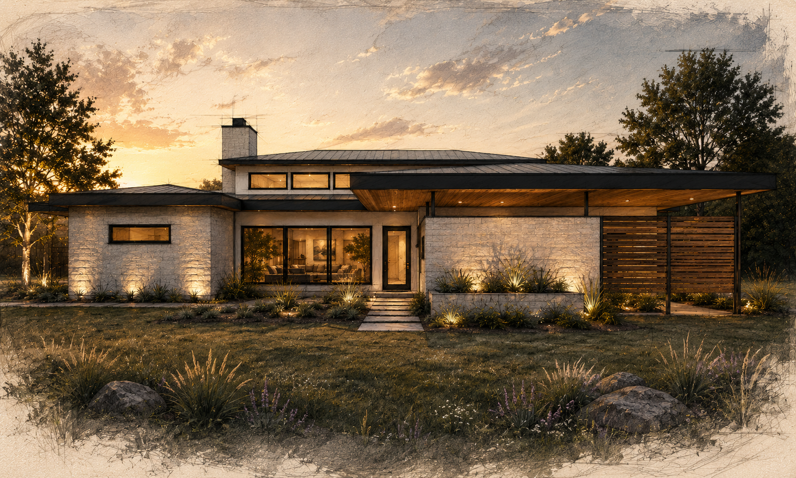 Modern hunting lodge in Fredericksburg, Texas shown as previous professional work by Garrett Burleson with Chagnon Architecture and Chagnon Design-Build.