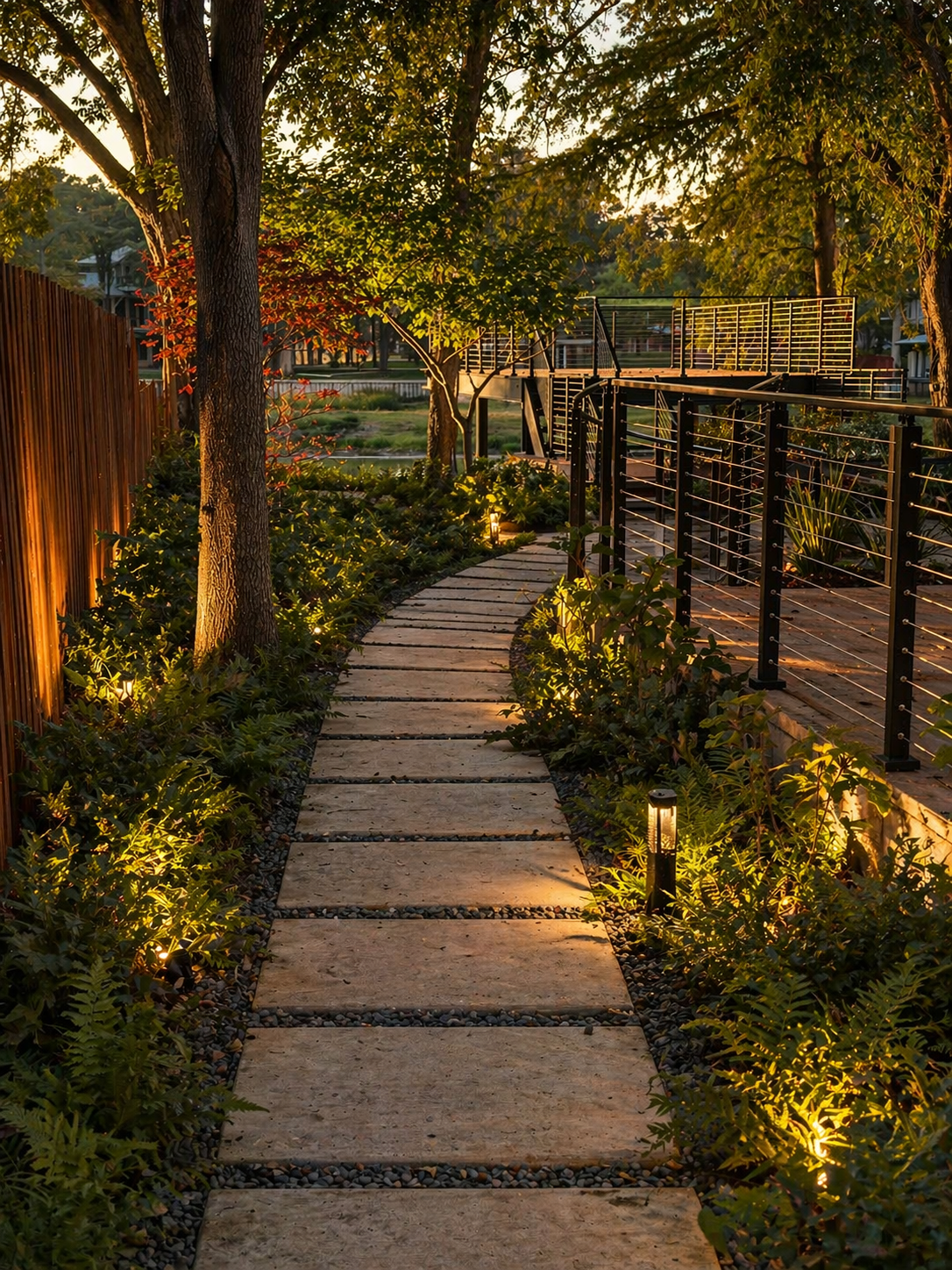Stone walkway through a landscaped waterfront garden with integrated path lighting, cable railing, mature trees, and an elevated deck by Burleson Architecture.