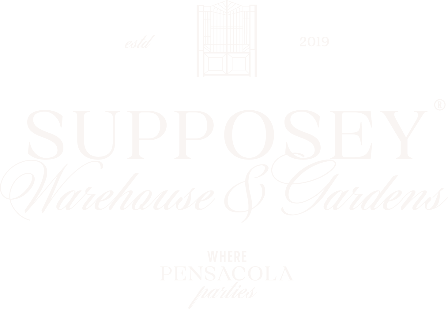 Logo for Supposey Warehouse & Gardens with a door graphic at the top and text indicating it is established in 2019, located in Pensacola, and the slogan 'parties'.