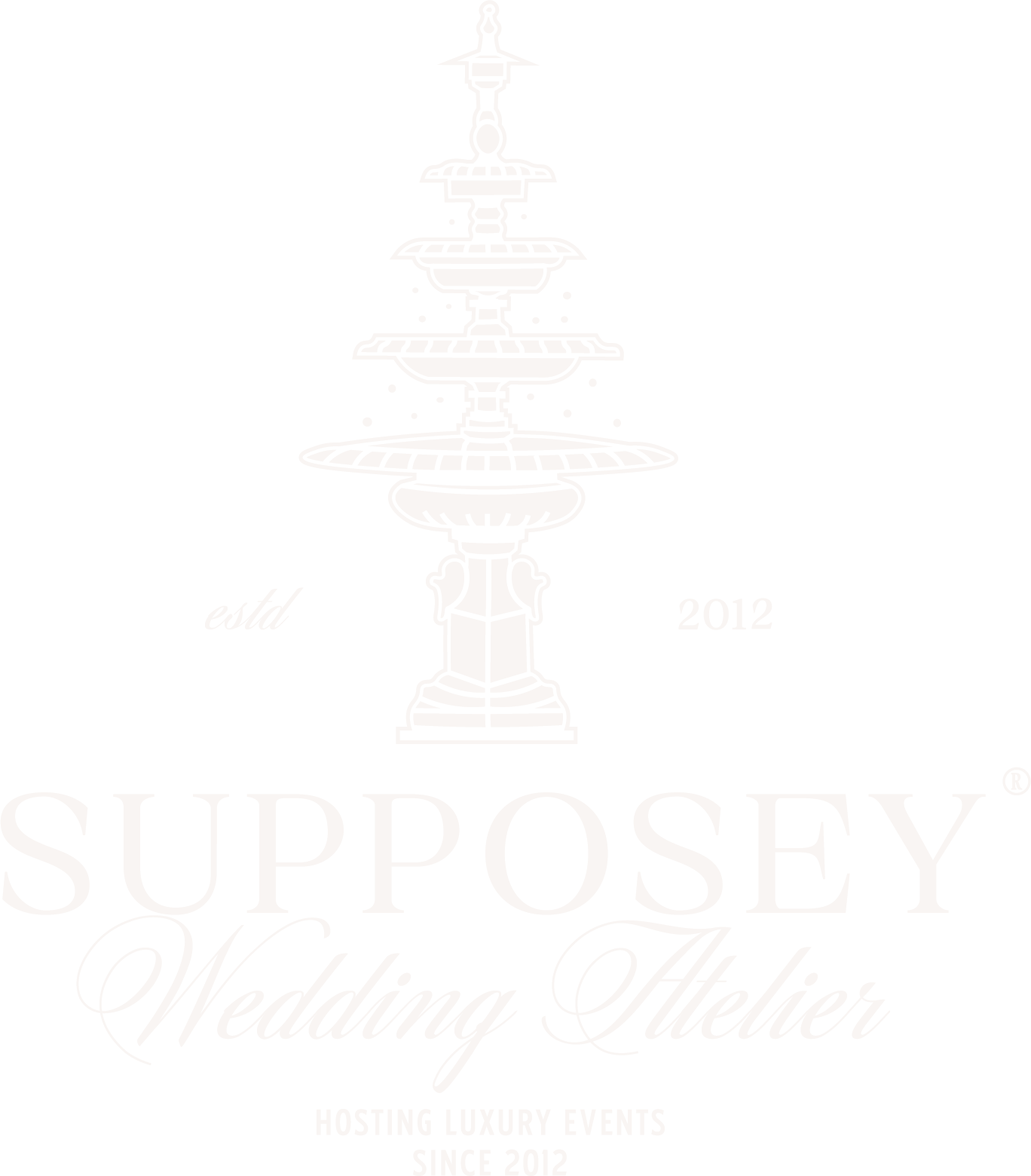 Black and white logo featuring a tiered fountain with text 'Supposey Wedding Attire' and 'Hosting Luxury Events Since 2012'.