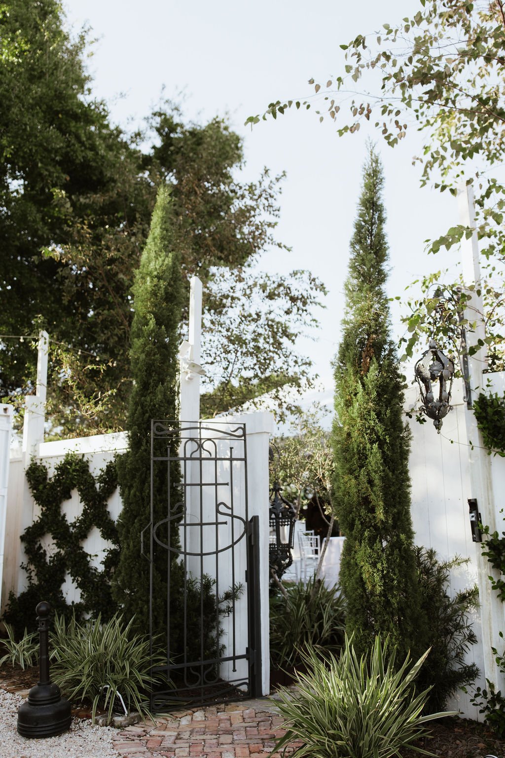 A Pensacola garden entrance with a black wrought iron gate, white wooden fence, tall cypress trees, and lush greenery.