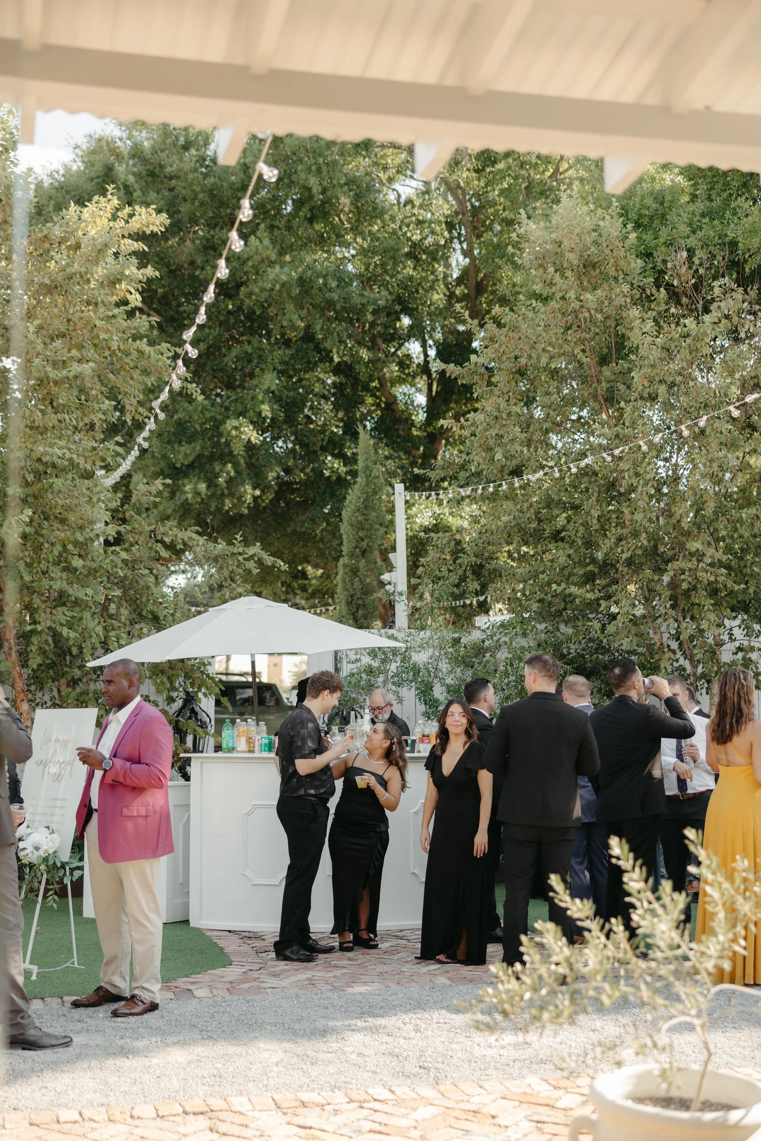 People gathered outdoors at a social event with a bar, string lights, and trees in the background. Some are talking and holding drinks, with a woman in a yellow dress and several men in suits.