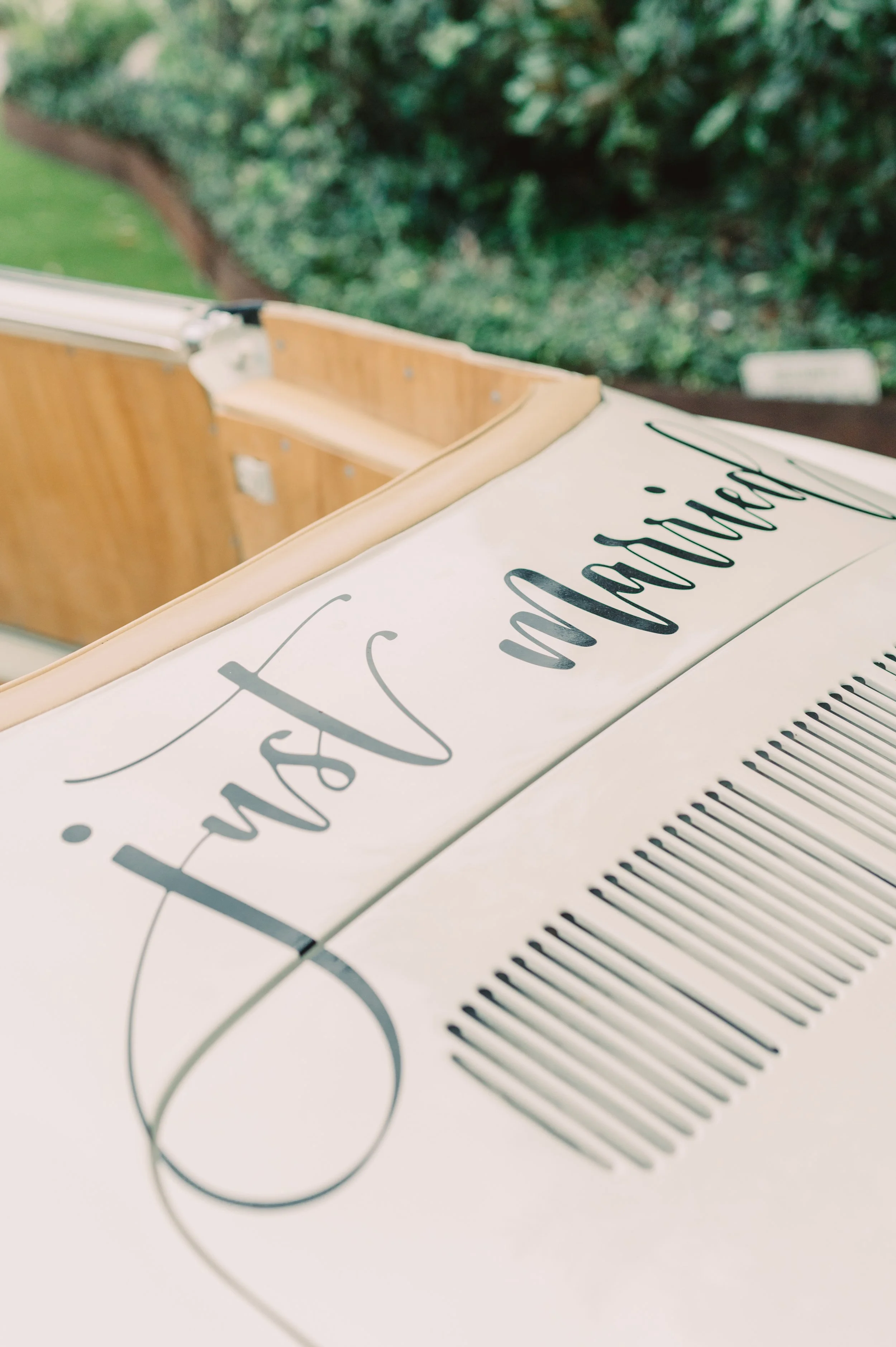 Sign on a vintage van that reads "Just Married" in elegant cursive lettering, with a comb visible on the van's surface, and a background of greenery.