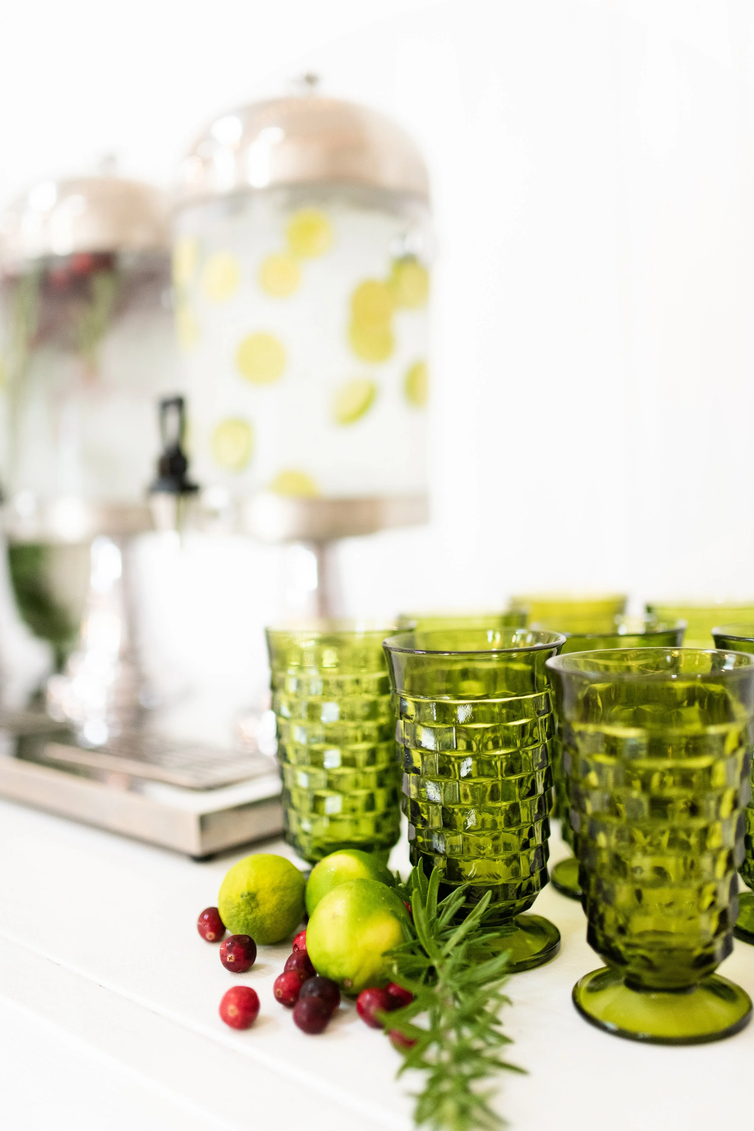Vintage holiday glassware is available to bring your details to the next level..
