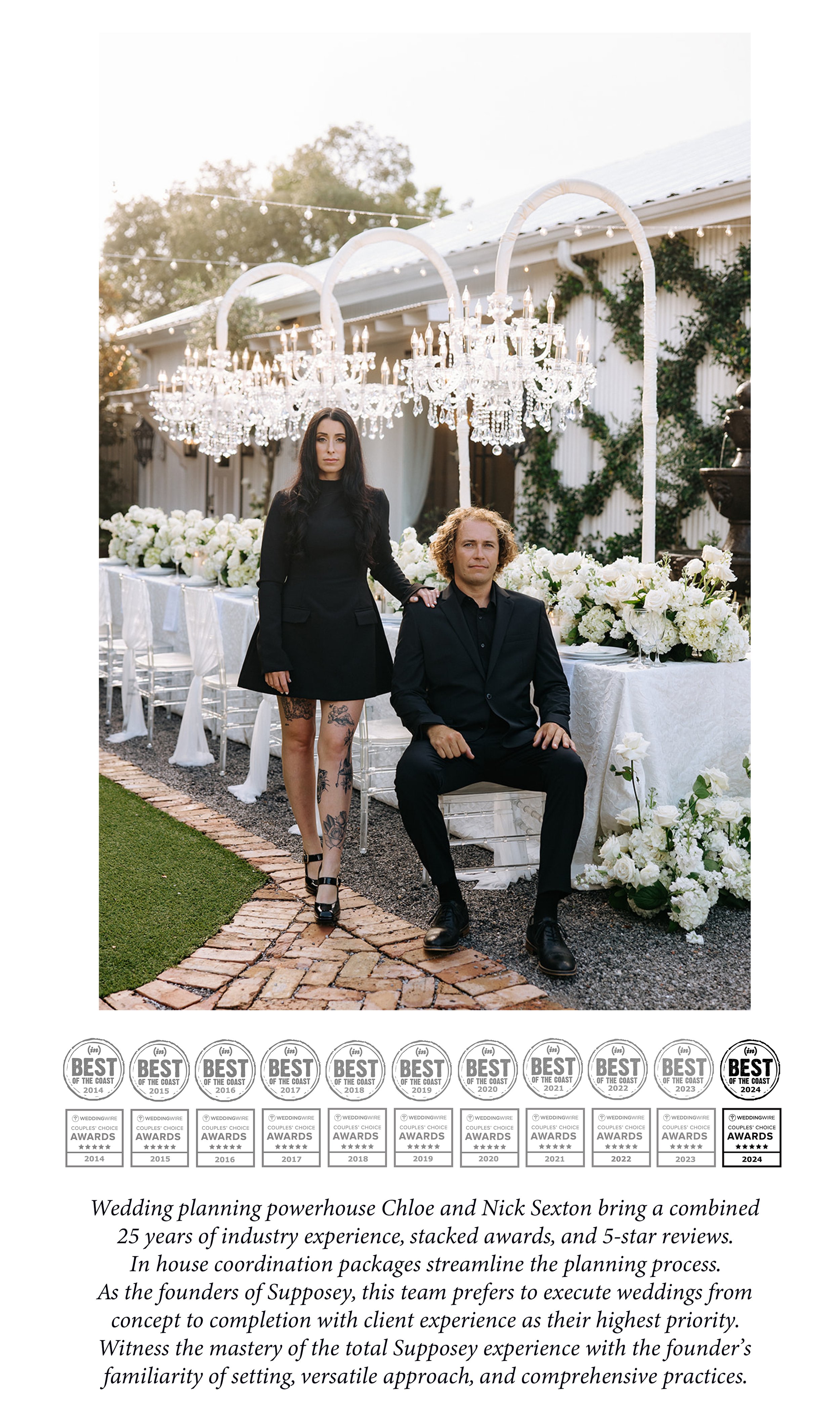 Pensacola Wedding and Event Venue Owners in front of a mock wedding setup.