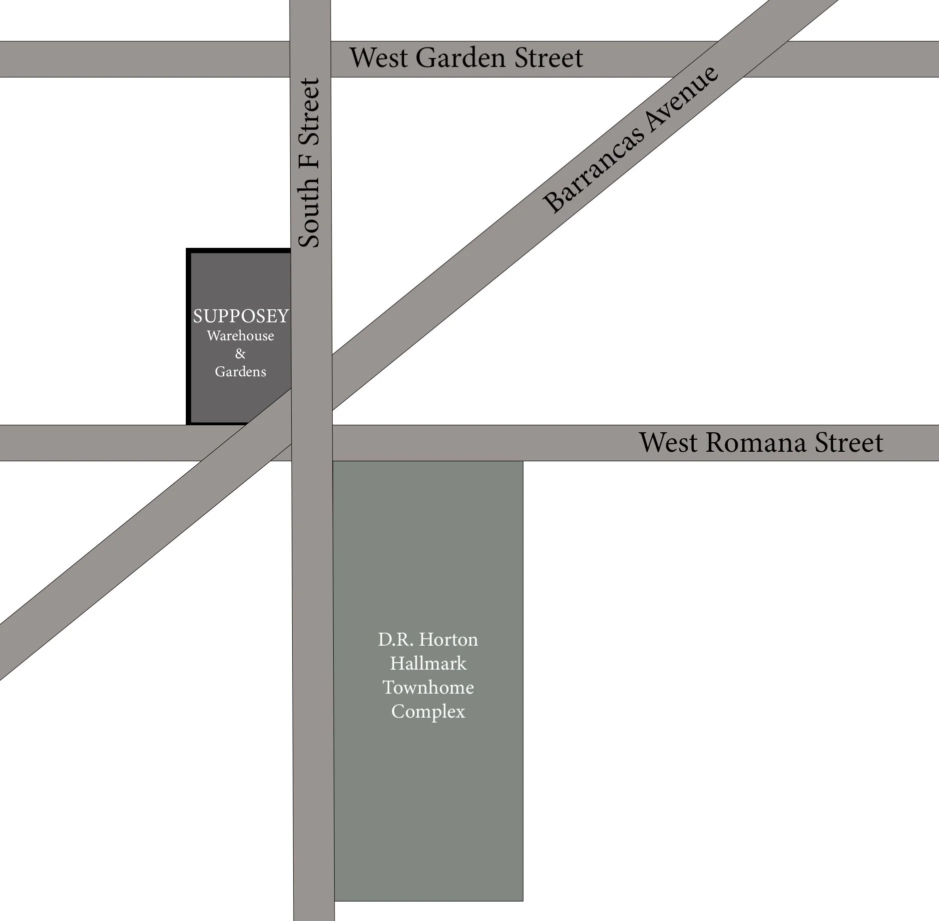 Map showing roads and landmarks in Pensacola, Florida, including West Garden Street, South F Street, Barrancas Avenue, West Romana Street, and landmarks such as the Supposey Warehouse & Gardens, the award winning wedding venue.
