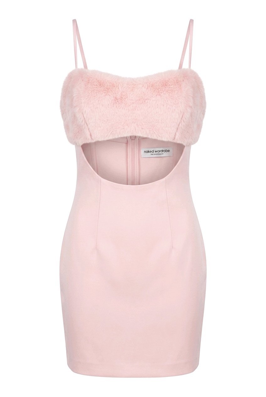 Naked Wardrobe Elegance Faux Fur Mini Dress - Blush or Black