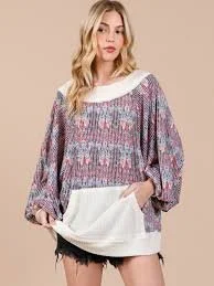 Long sleeve front pocket multi-color oversized waffle knit top