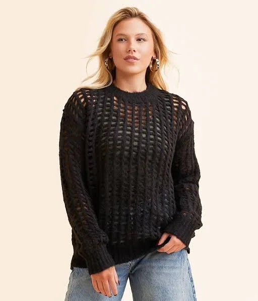 Boho Chic Open Knit Sweater - Midnight Black