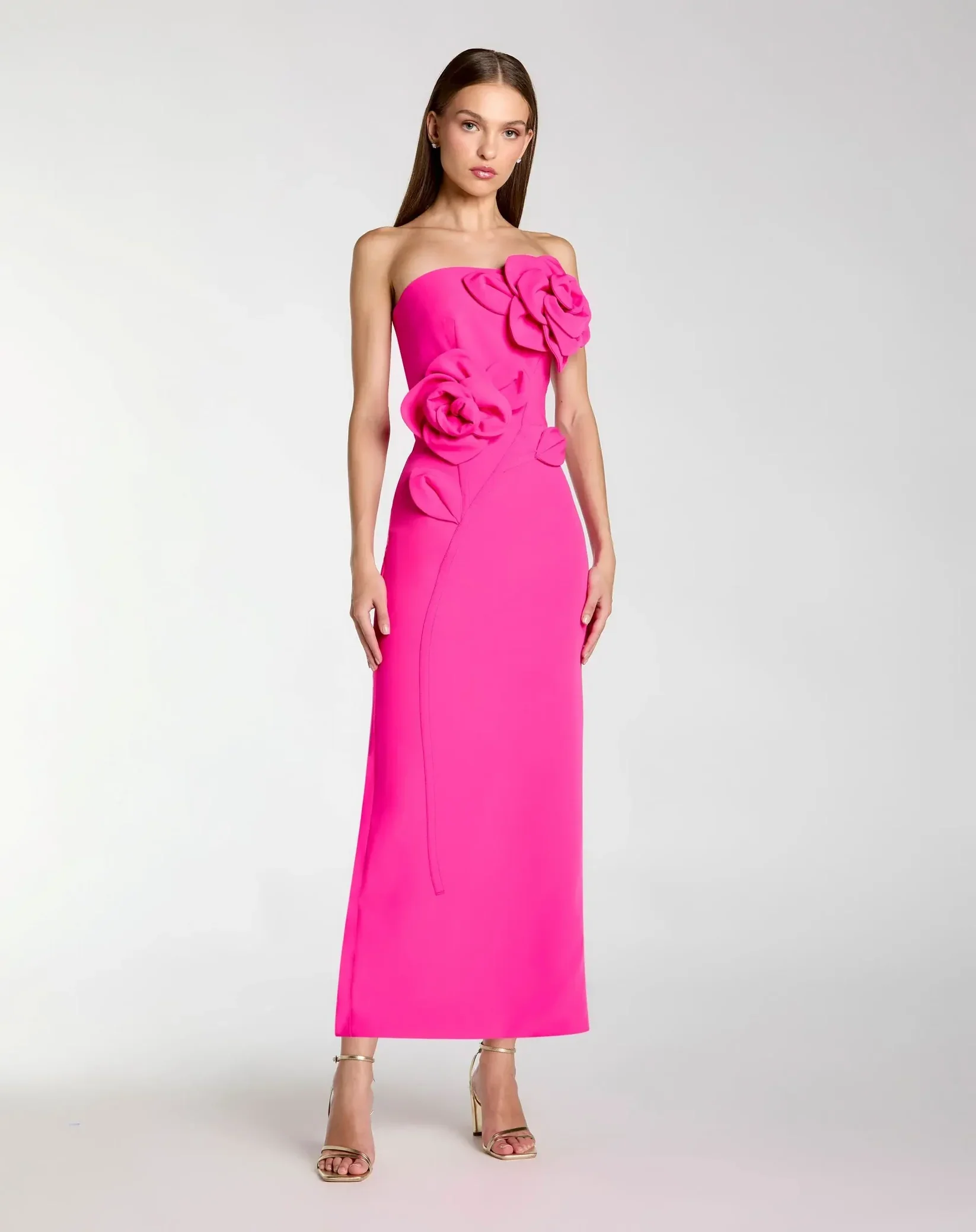 Strapless Crepe Dress With 3D Flower Detail