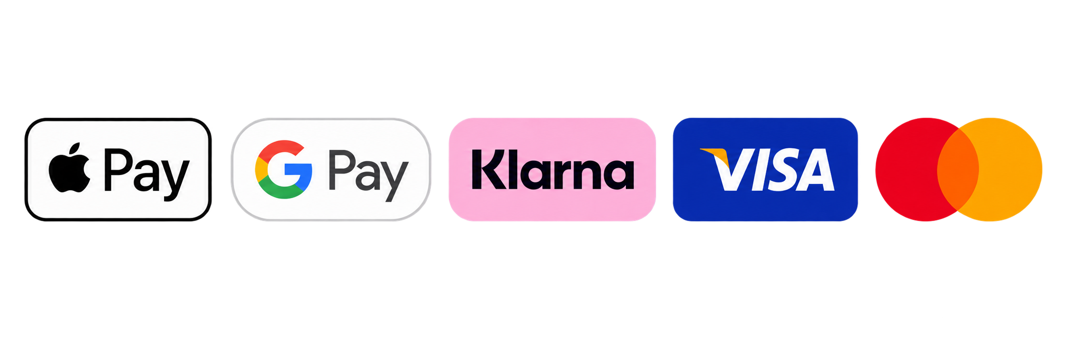 Icons of Apple Pay, Google Pay, Klarna, Visa, and Mastercard for digital payment options.