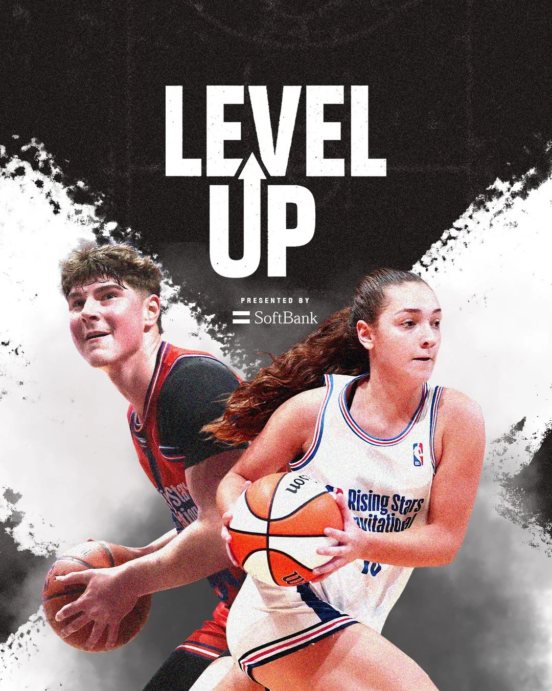 Poster for 'Level Up' presented by SoftBank featuring a young male basketball player and a young female basketball player, both holding basketballs in action poses.