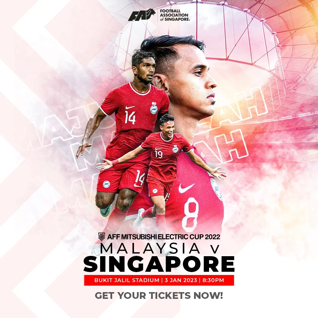 Promotional poster for a football match between Malaysia and Singapore at Bukit Jalil Stadium on January 3, 2023, featuring images of football players in red jerseys and the logos of the Football Association of Singapore and AFF Mitsubishi Electric Cup 2022.