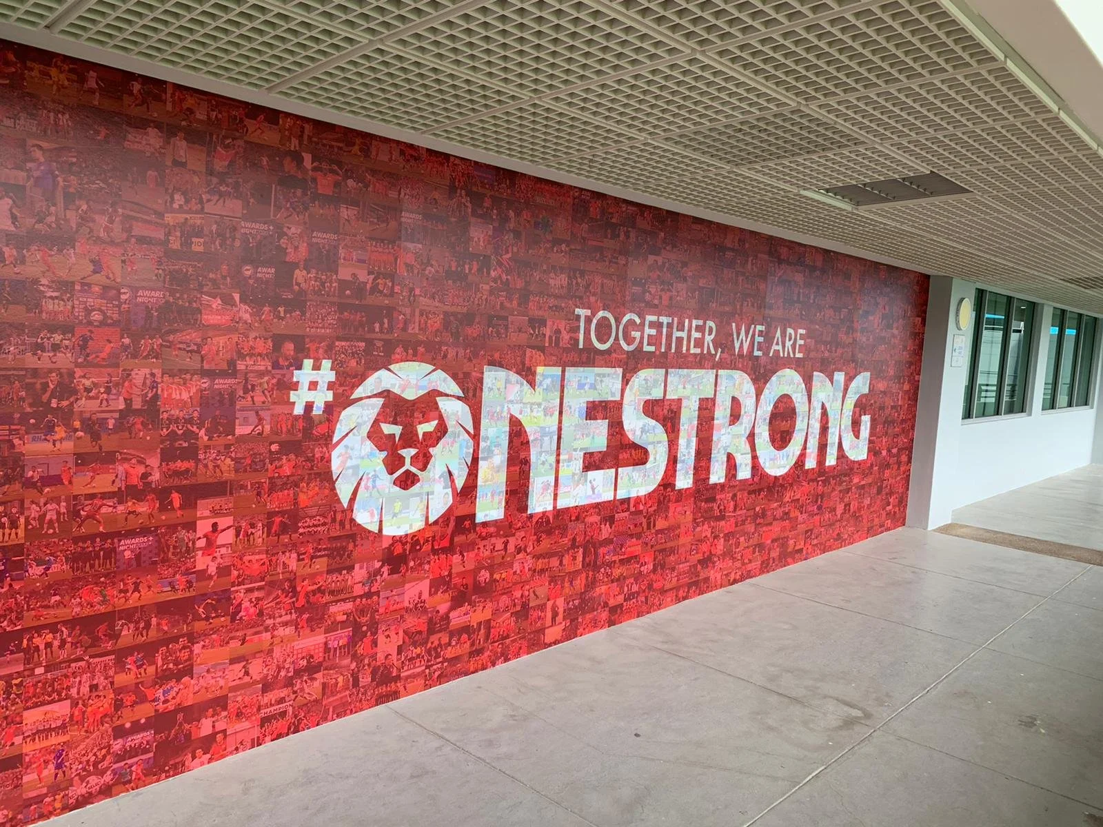 Red wall with a collage of small photographs and the text 'Together, we are #OneStrong' along with a lion's head logo.