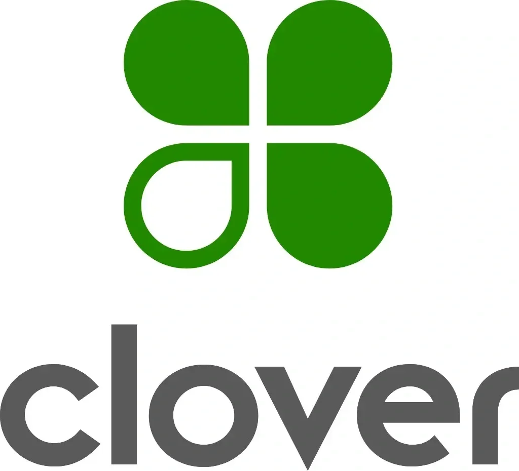 A green and white logo with four leaf-like shapes arranged in a square pattern and the word 'clover' written below.