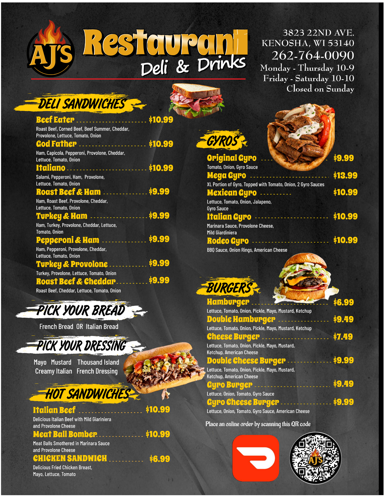 AJ’s Restaurant & Deli Kenosha menu featuring deli sandwiches, roast beef, turkey, ham, pepperoni, provolone, cheddar, gyro, and burgers options