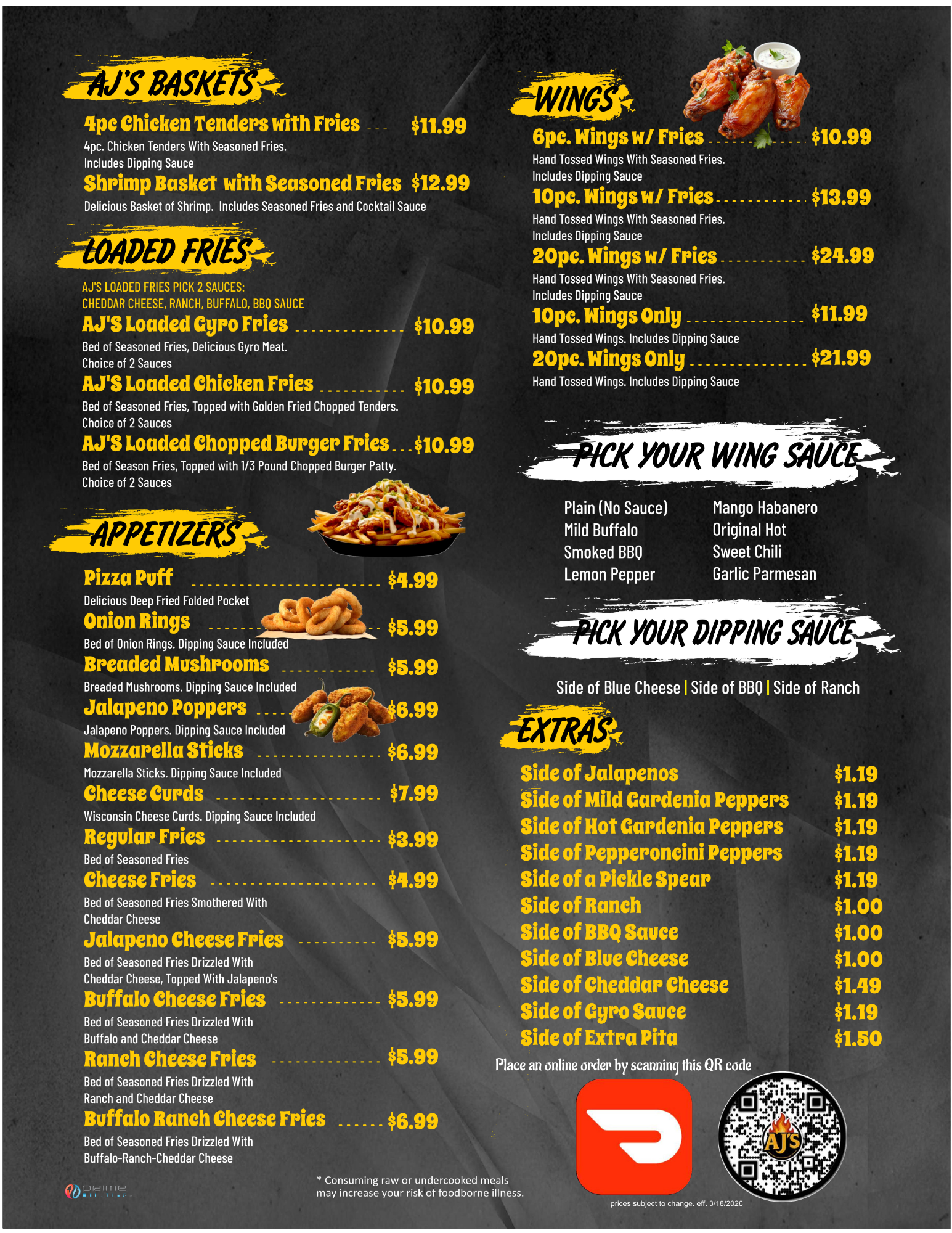 AJ’s Restaurant & Deli Kenosha menu featuring wings, chicken tenders, appetizers, loaded fries, and classic sides