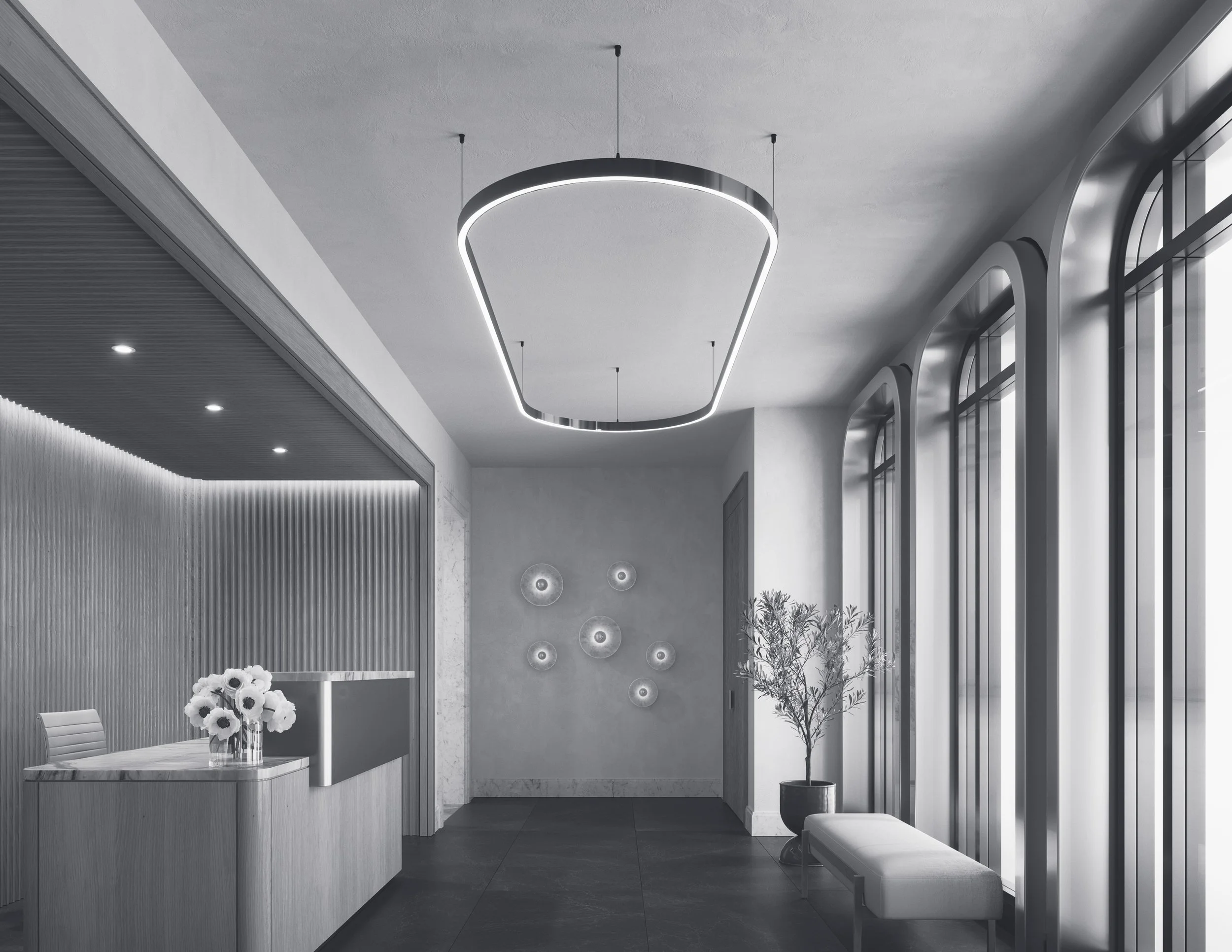 Modern interior space with large window, stylish lighting fixture, a table with a flower arrangement, and minimalist decor.