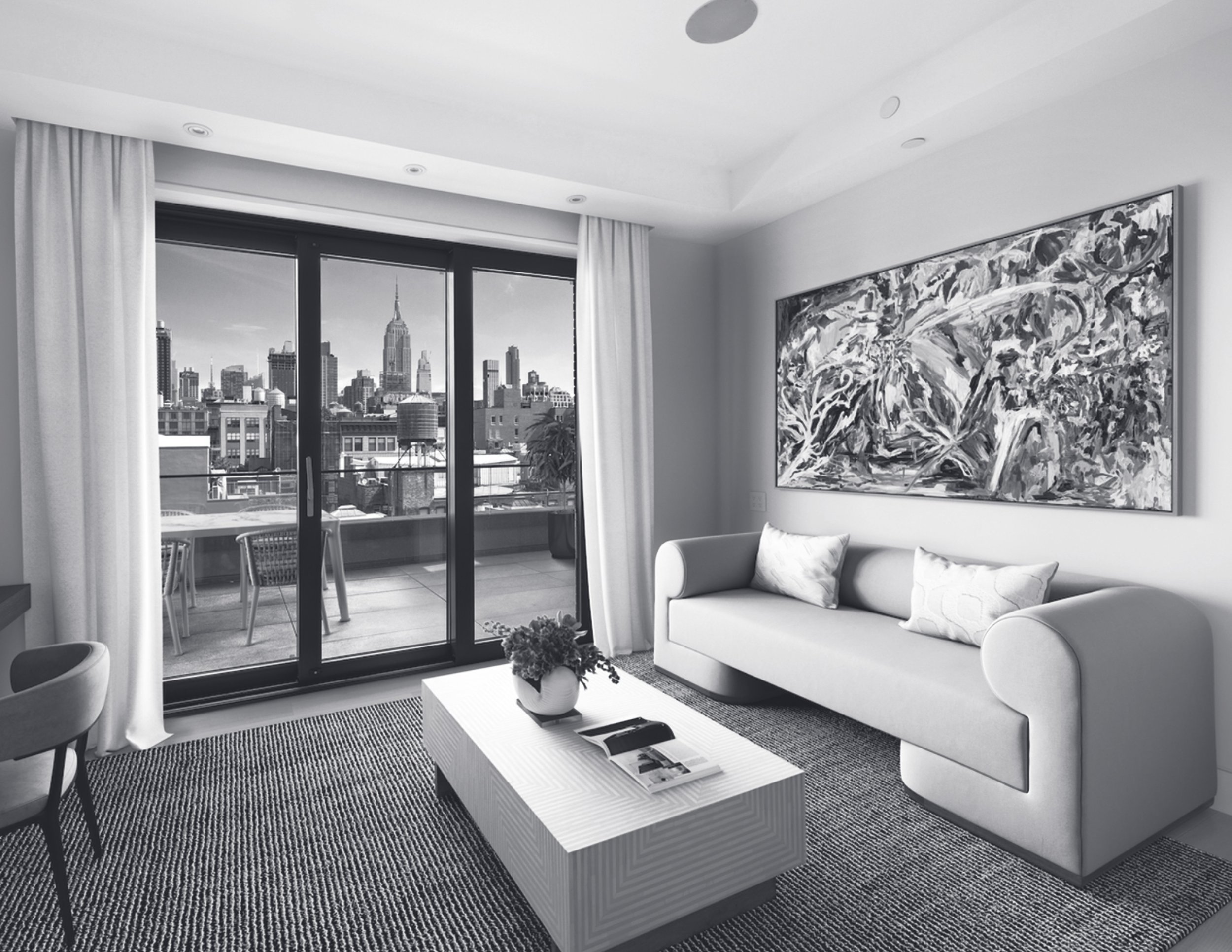 Modern living room with large window showing city skyline, sofa with pillows, abstract painting on the wall, coffee table with magazines, and balcony with outdoor dining table and chairs.