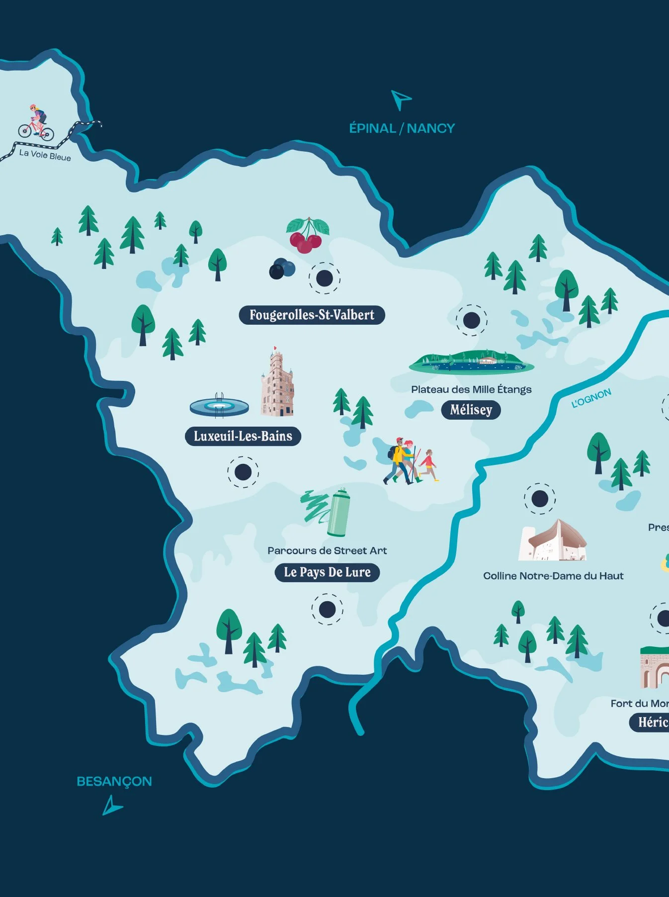 Carte touristique de la région des Vosges du Sud avec des points d'intérêt comme , Luxueil-Les-Bains, le Pays De Lure, et la Colline Notre-Dame du Haut, illustrée avec des icônes de nature, de monuments, et d'activités de plein air. Pour Chilowé.