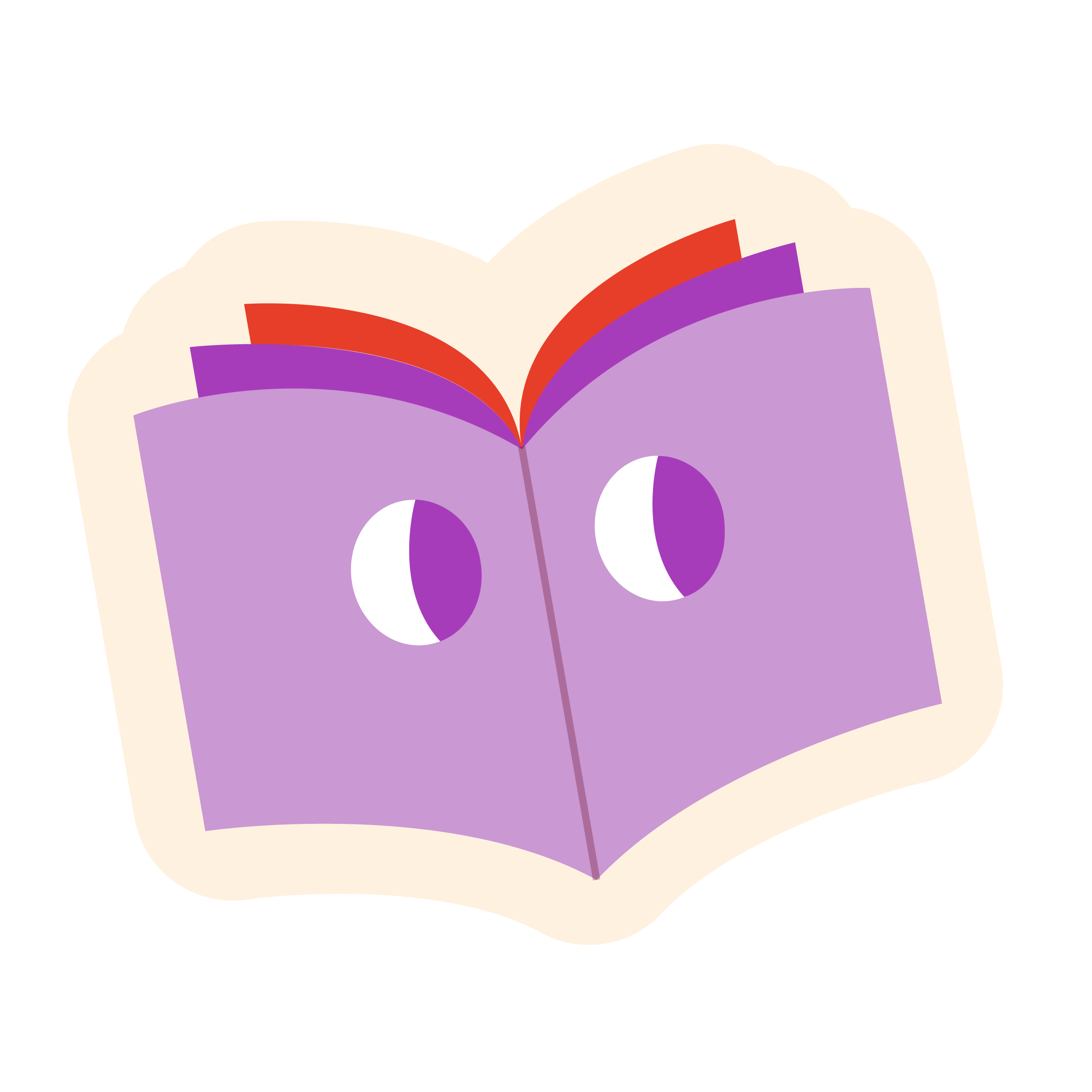 Illustration d'un livre en papier avec des pages illustrées en violet, rouge et blanc, placé sur une surface beige