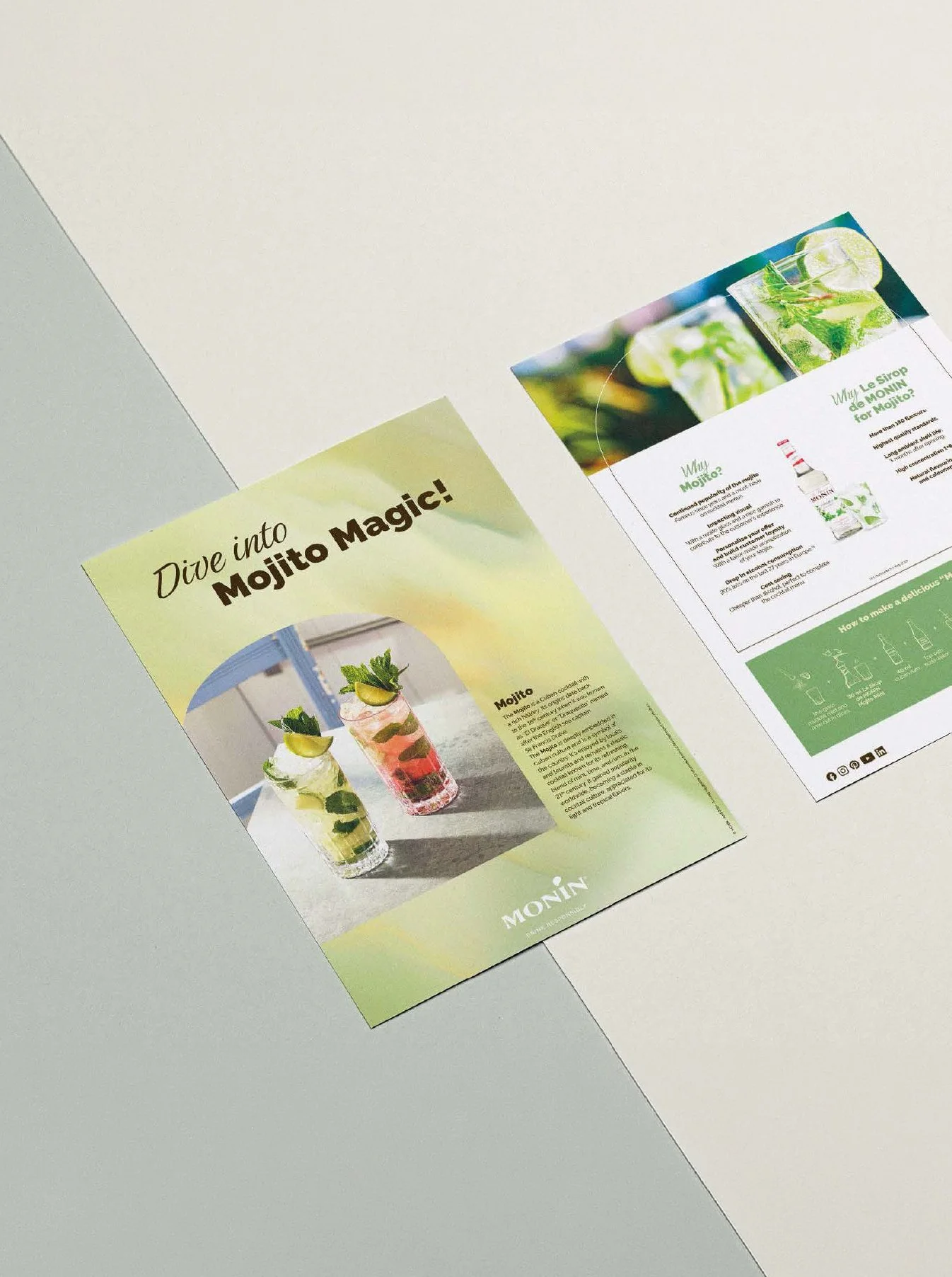 Une brochure pour l'entreprise Monin, présentant différentes recettes de mojitos, avec des images de verres de mojitos décorés de citron vert et de feuilles de menthe, et du texte expliquant comment faire un mojito.
