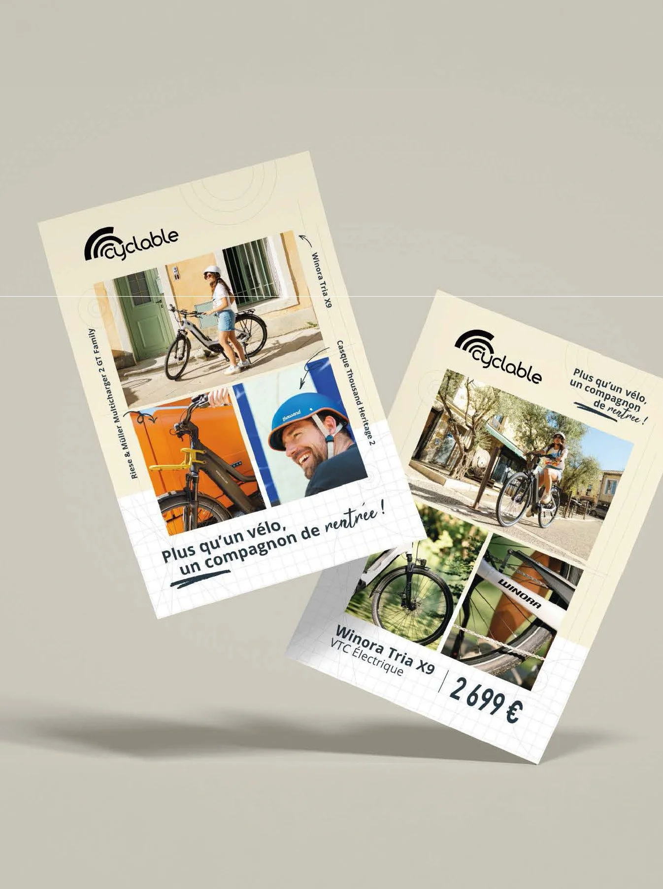 Flyers promotionnels pour Cyclable, une entreprise de location de vélos, avec des images de personnes faisant du vélo dans différentes villes. Le texte met en avant l'idée que c'est plus qu'un vélo, c'est un compagnon de rentrée, et indique également des modèles et leurs prix.