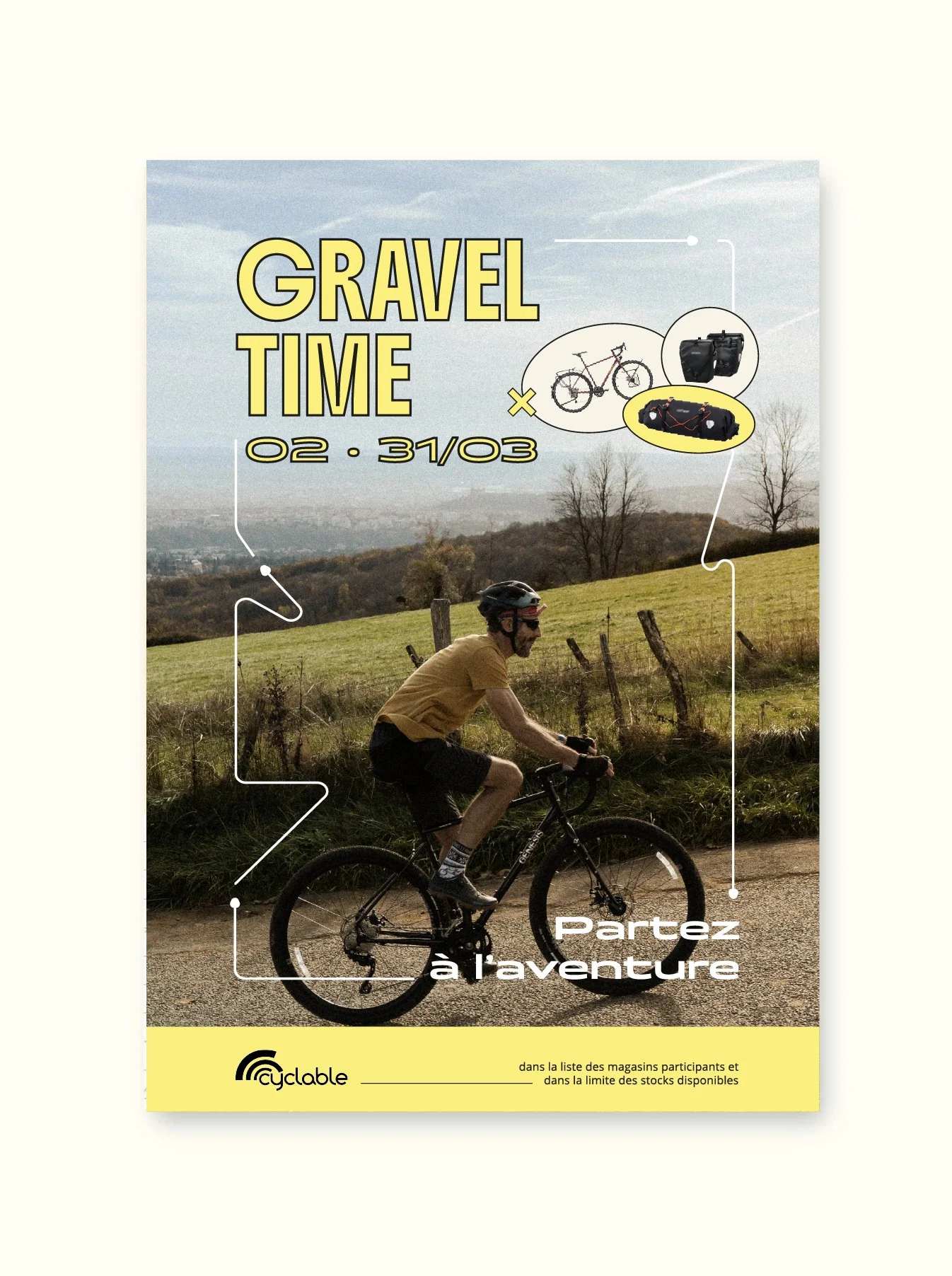 Une affiche promotionnelle pour un événement de vélo nommé "Gravel Time" qui a lieu du 2 au 31 mars, montrant un homme faisant du vélo à la campagne avec un paysage vallonné et des arbres en arrière-plan, des illustrations d'une bicyclette, d'un sac et d'une gourde, ainsi que des instructions pour participer à l'aventure.