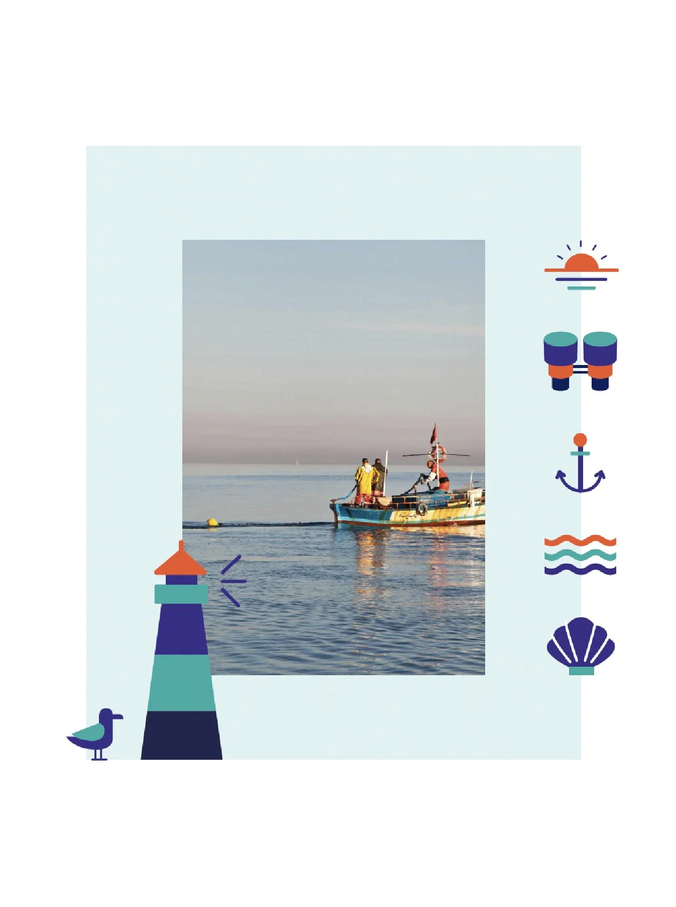 Illustrations pour BlueMove : un phare, un oiseau, une ancre, des jumelles, un coucher de soleil, un coquillage et des motifs de vagues, le tout encadrant une image d'un pêcheur en mer. 