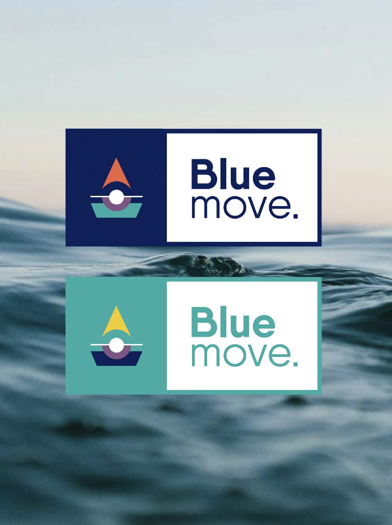 Deux extraits d'un logo avec une icône de bateau stylisé et le texte 'Blue move' dans deux versions de couleur, l'une sur fond bleu foncé et l'autre sur fond turquoise.