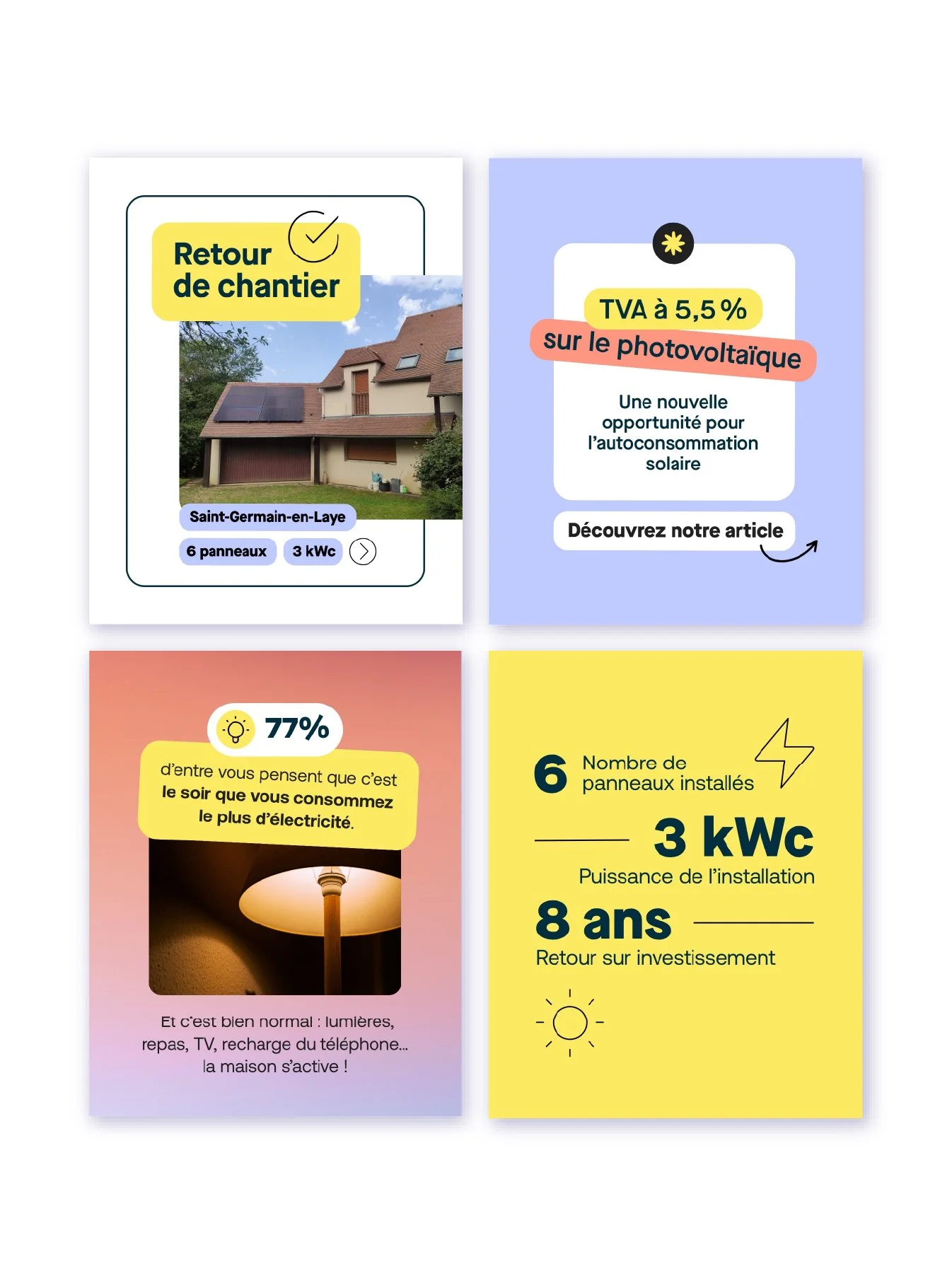 Infographie et post pour les réseaux sociaux pour Solarock,  sur l'énergie solaire avec une maison équipée de panneaux solaires, des chiffres clés sur l'installation et l'investissement, et des conseils domotiques pour la consommation électrique.