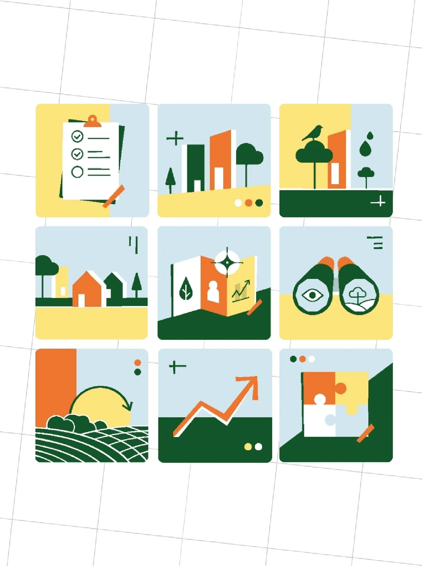 Une série de neuf illustrations représentant des thèmes liés à l'environnement, la durabilité, la croissance économique, l'agriculture, la technologie et la gestion écologique pour la communication de Vertigo Lab.