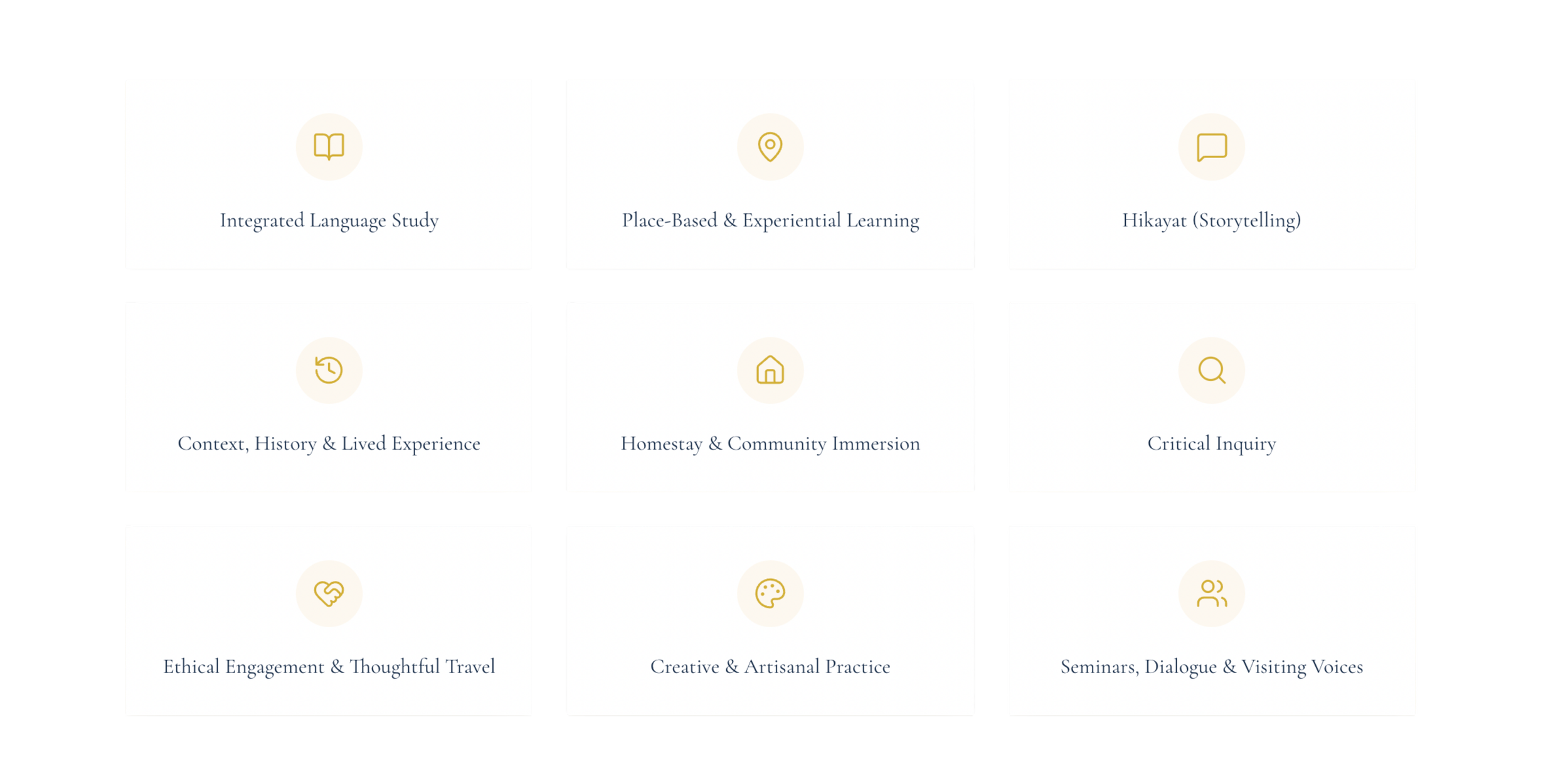 Grid of nine white rectangular cards with gold icons and blue text, featuring topics such as integrated language study, place-based learning, storytelling, historical experience, community immersion, critical inquiry, ethical engagement, creative practice, and seminars.