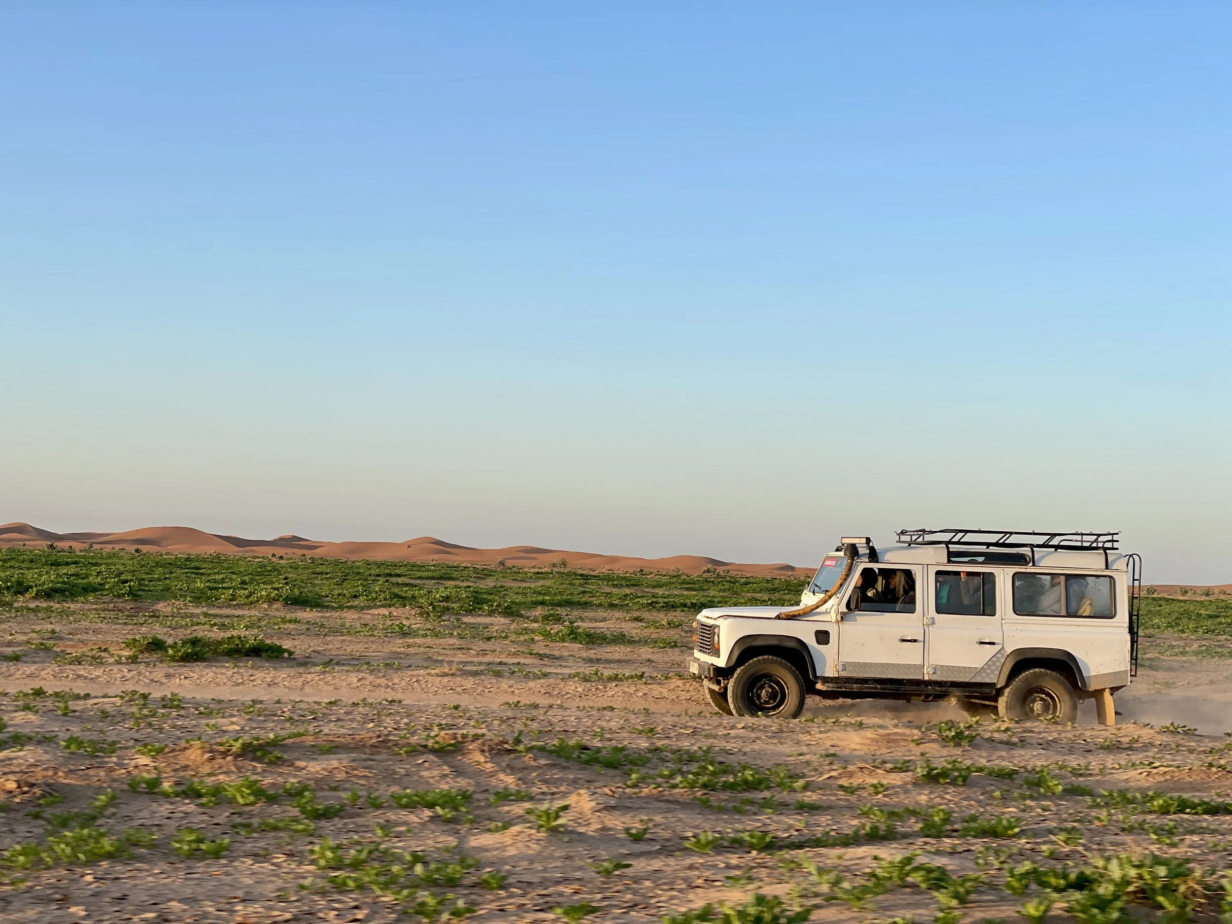 A white off-road vehicle parked in a desert landscape with sand dunes and green vegetation in the background under a clear blue sky.