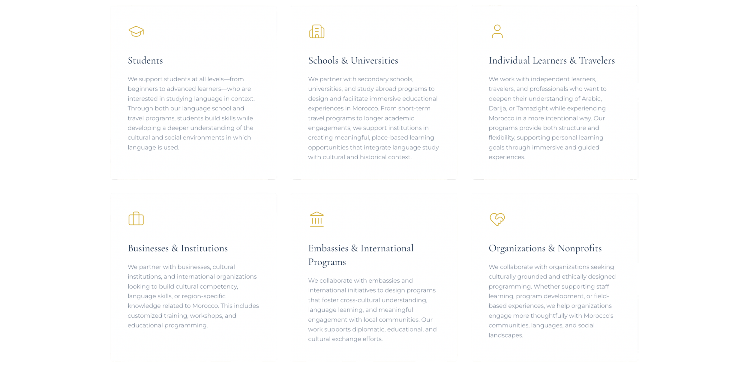 A grid of six sections with icons and text describing different areas of collaboration or support, including students, schools & universities, individual learners & travelers, businesses & institutions, embassies & international programs, and organizations & nonprofits.